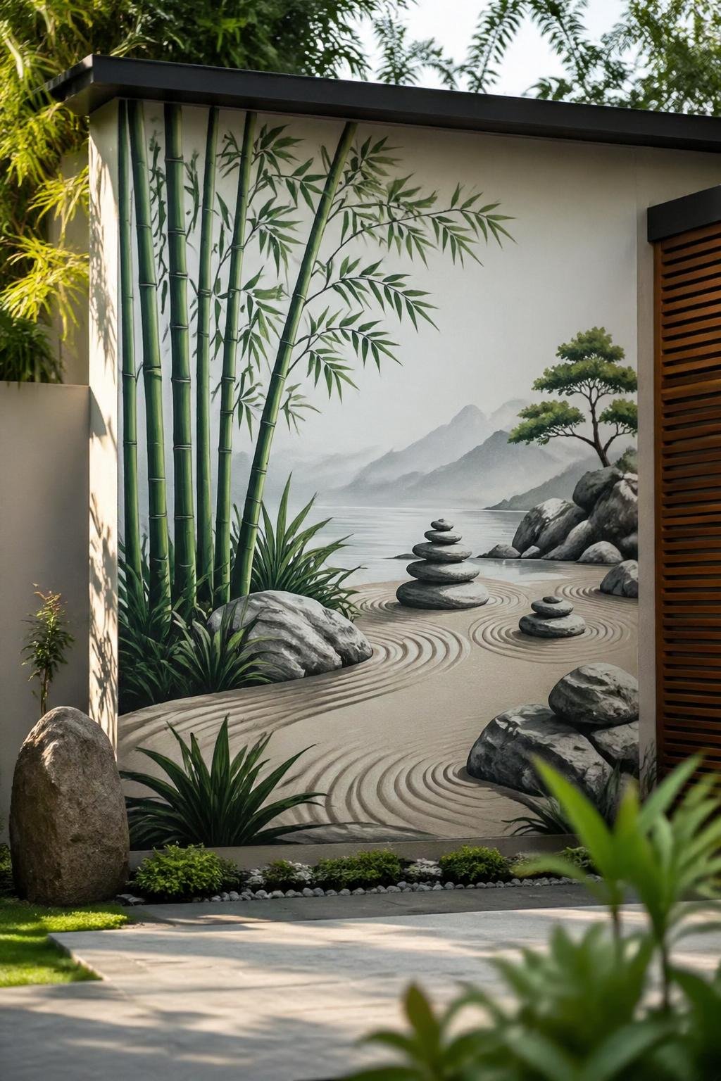 A backyard wall painted with a mural showing bamboo, sand patterns, and stone designs in a peaceful garden scene.