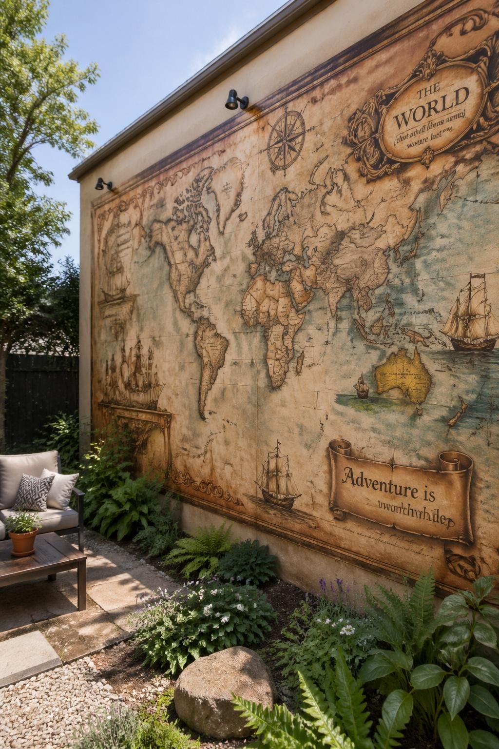 A backyard wall painted with a detailed old-world map mural surrounded by plants and garden furniture.