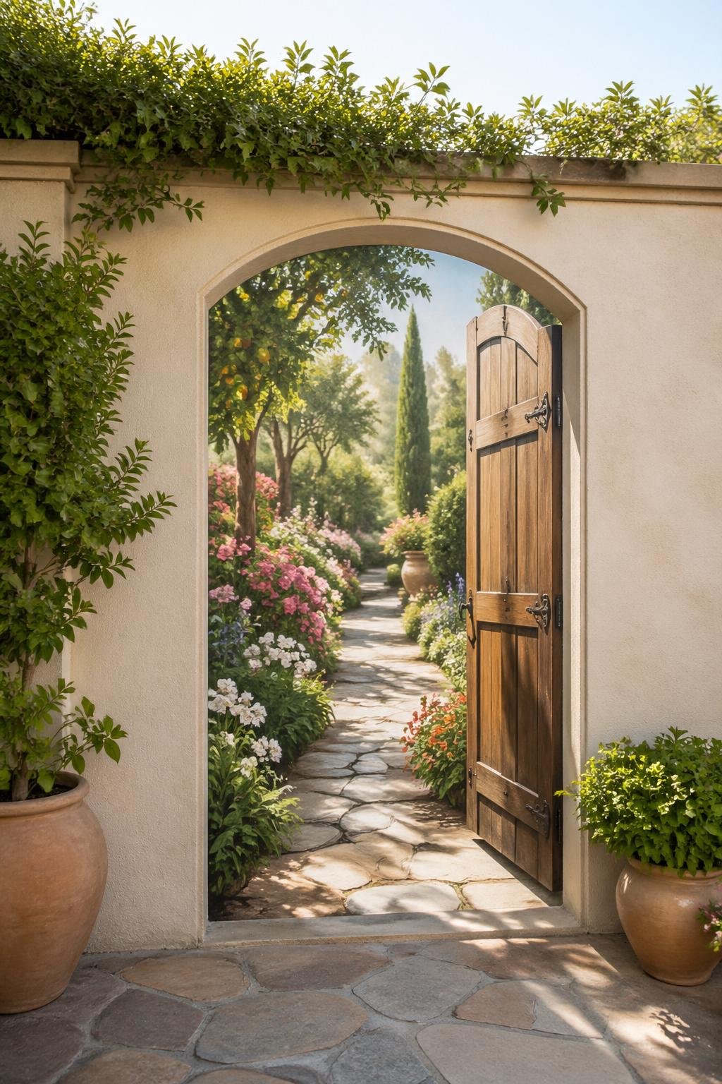 A backyard garden wall with a painted mural of an open wooden gate showing a garden path with plants and flowers beyond.