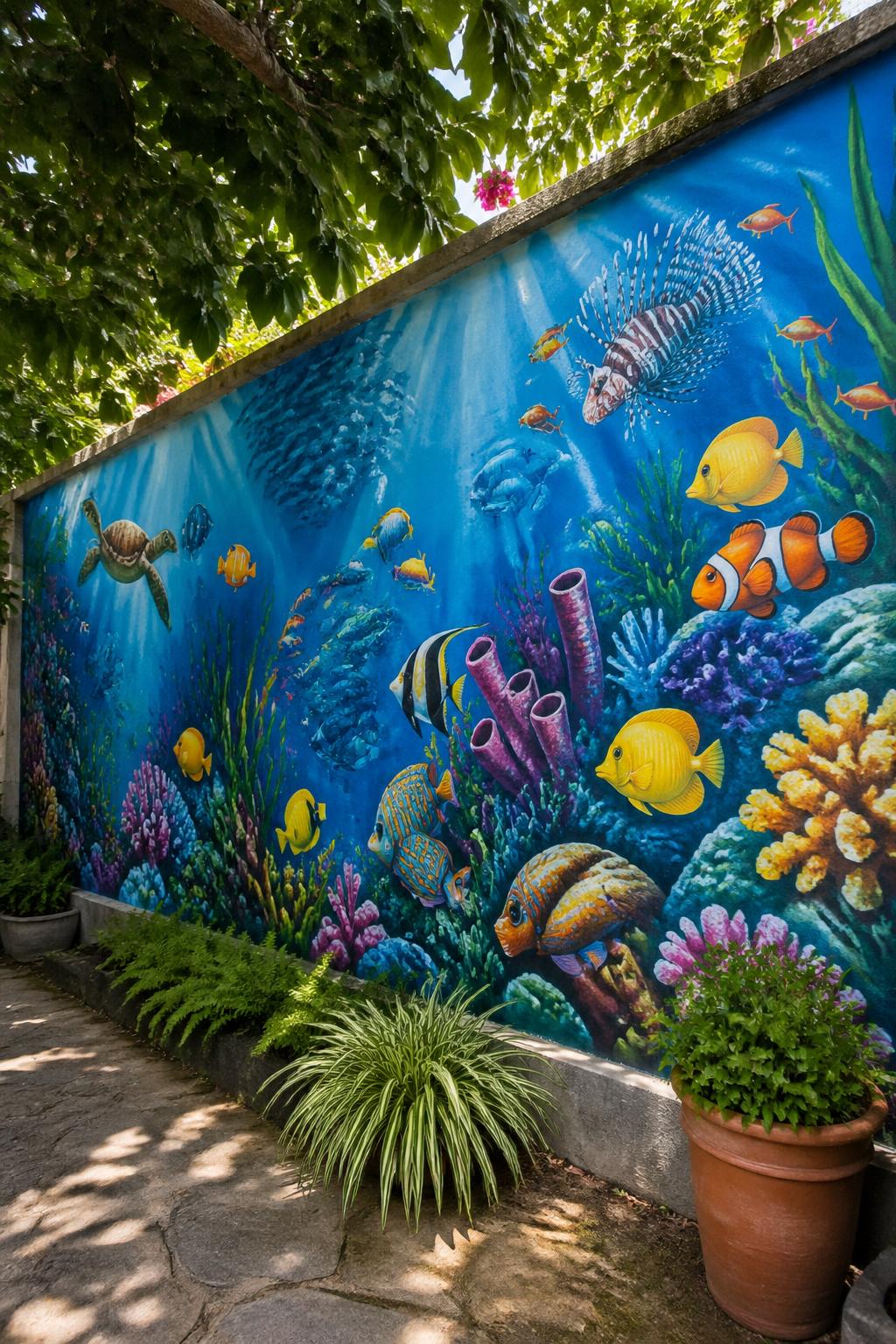 A colorful underwater mural on a backyard wall showing fish swimming among coral and sea plants.