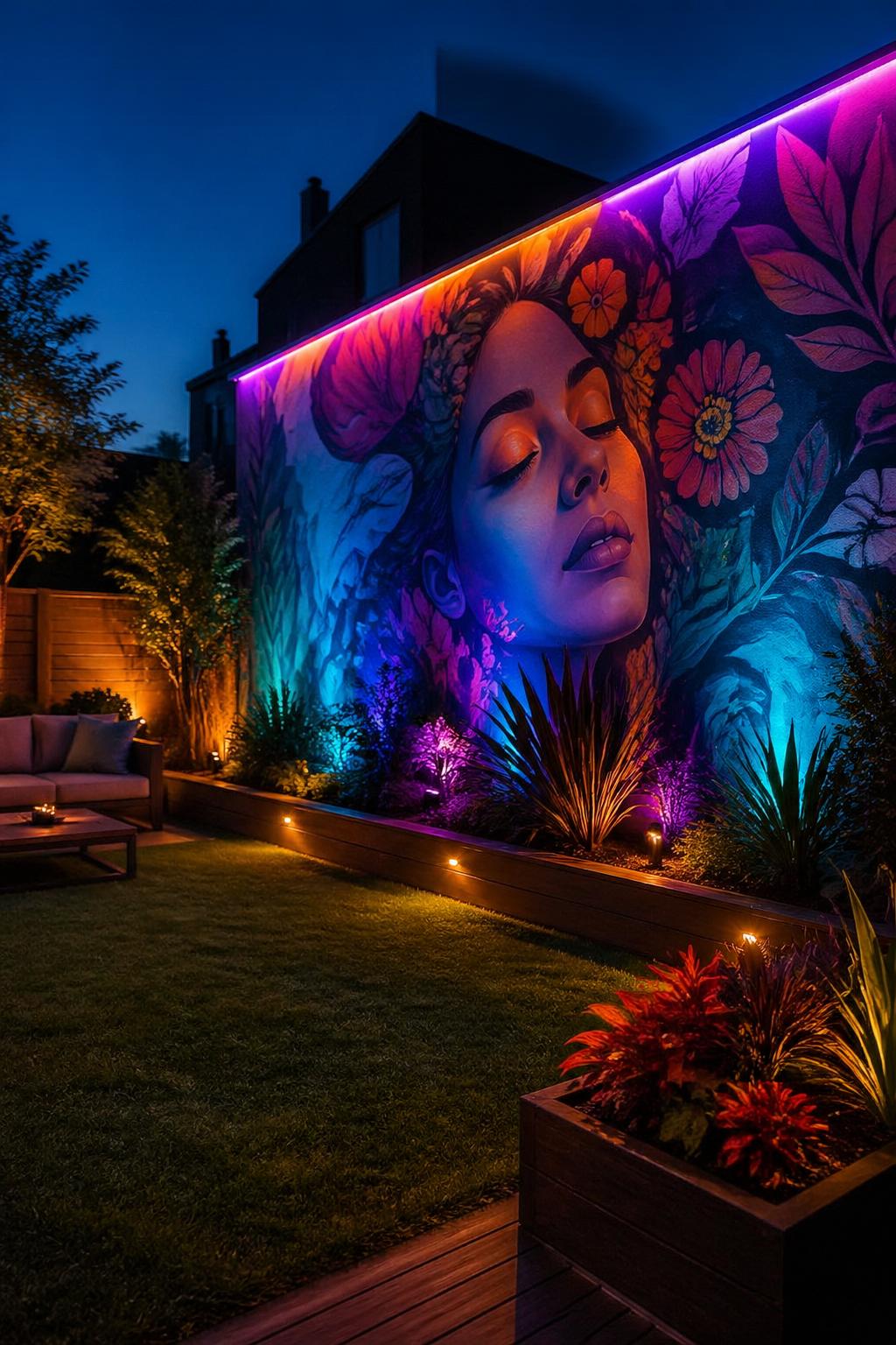 A backyard at night with a large colorful mural on a wall illuminated by glowing LED lights, surrounded by plants and outdoor furniture.