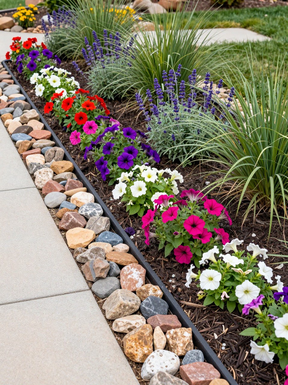 A creative flower bed with mixed material edging using natural stones, small bricks, and a short section of black metal edging, filled with colorful petunias, lavender, salvia, and ornamental grasses, tidy mulch, artistic backyard garden design, realistic photo style, no people, no text, no watermark.