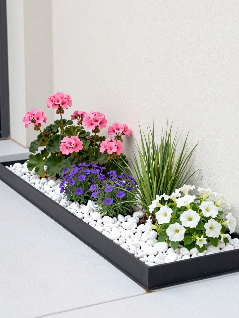 A small modern flower bed with white decorative stones, planted with pink geraniums, purple verbena, dwarf ornamental grass, and white petunias, clean black metal edging, next to a light-colored house wall, bright daylight, realistic modern garden design, no people, no text, no watermark.