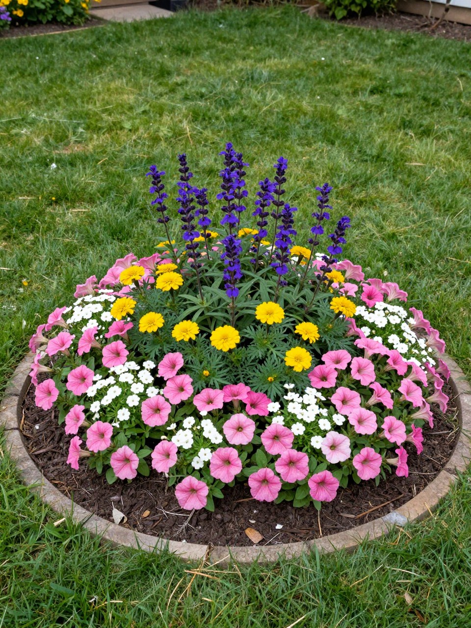 A realistic circular flower bed in the middle of a green backyard lawn, filled with layered pink petunias, white alyssum, purple salvia, and yellow marigolds, taller flowers in the center and low blooms around the edge, neat dark mulch, natural stone circular edging, sunny home garden, DSLR photo quality, no people, no text, no watermarks on images.