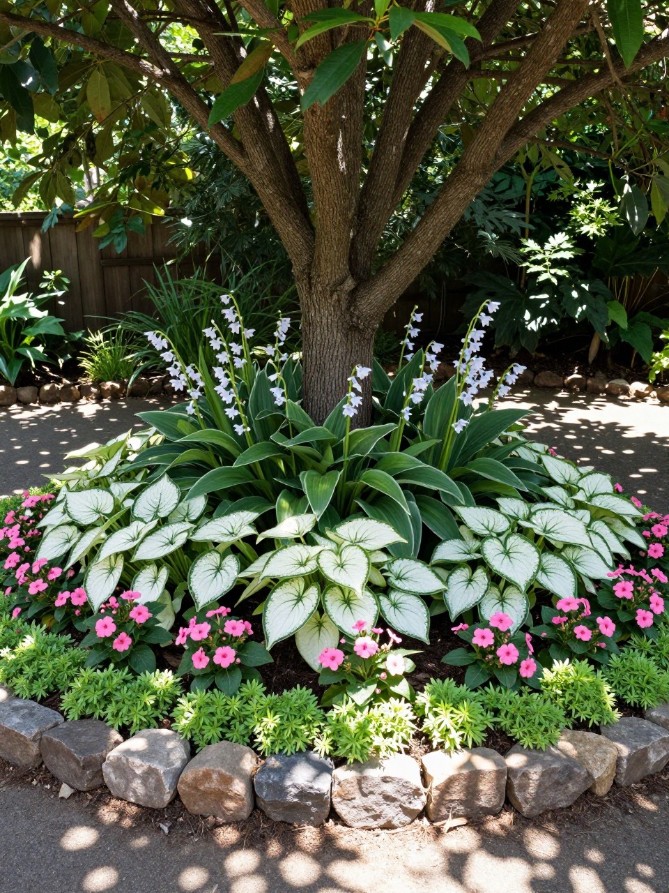 A circular layered flower bed around a mature tree, hostas and coral bells forming the back and middle layer, white caladiums, pink impatiens, and low ground cover around the front edge, low natural stone border, thin dark mulch, dappled shade, realistic backyard garden photo, no people, no text, no watermarks on images.