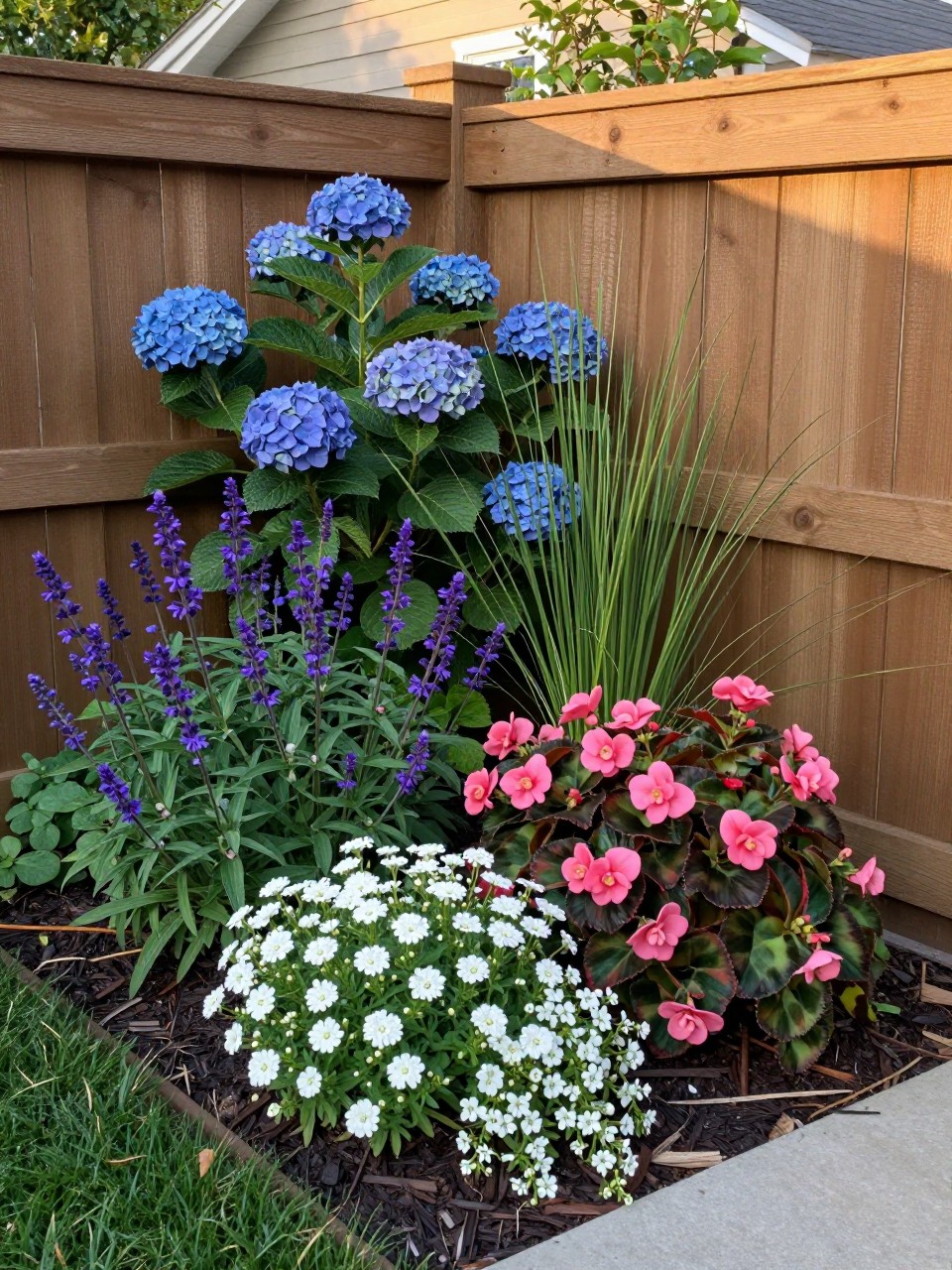 A cozy layered corner flower bed where two wooden fences meet, tall hydrangeas and ornamental grass in the back corner, purple salvia and pink begonias in the middle, white alyssum and trailing lobelia at the front edge, fresh mulch, warm evening light, realistic backyard garden corner, no people, no text, no watermarks on images.