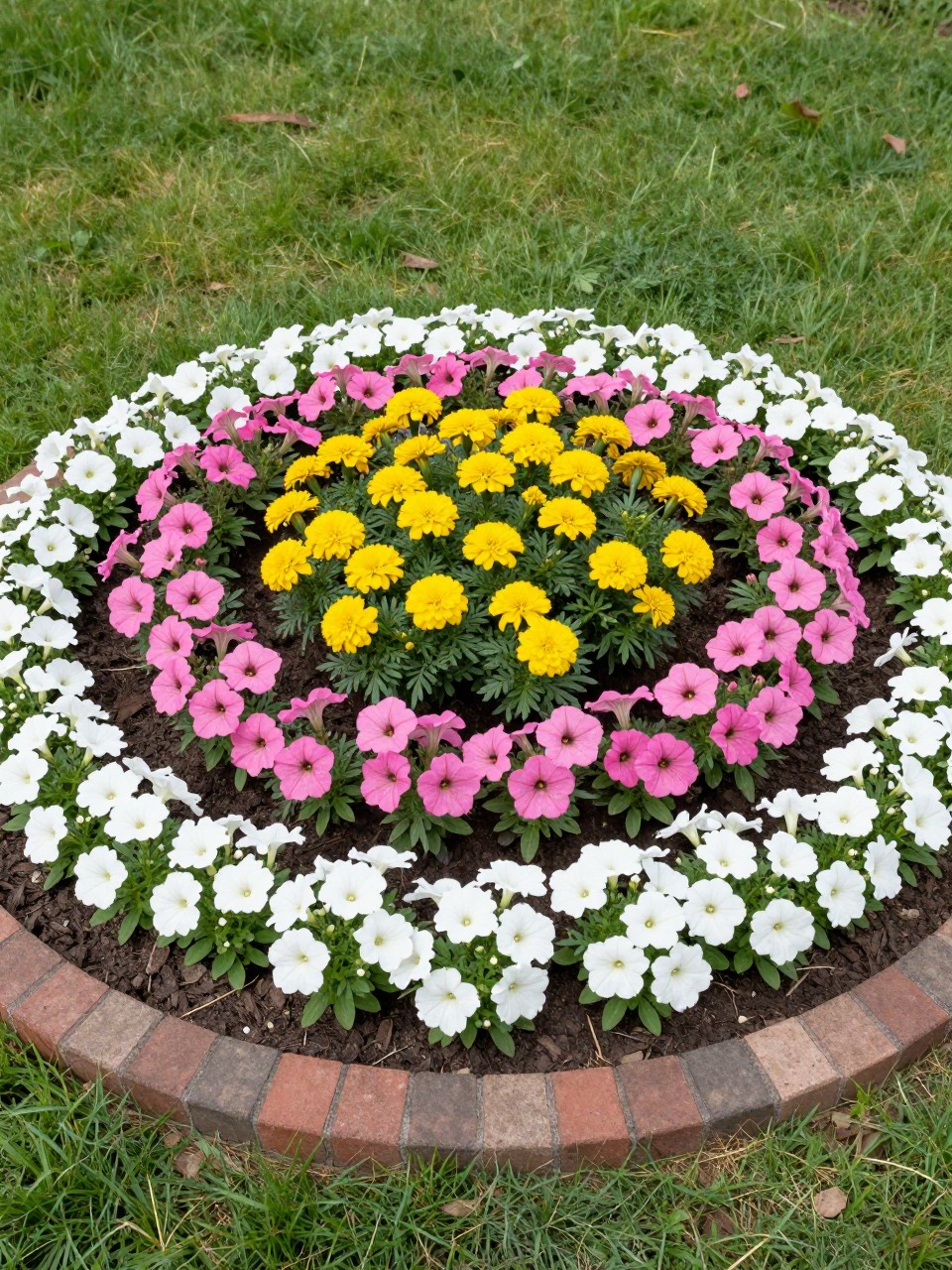 A circular flower bed planted in clear rings of color, yellow marigolds in the center, pink petunias in the middle ring, white alyssum around the outer edge, dark mulch between plants, neat brick border, bright sunny lawn garden, realistic photo quality, no people, no text, no watermarks on images.