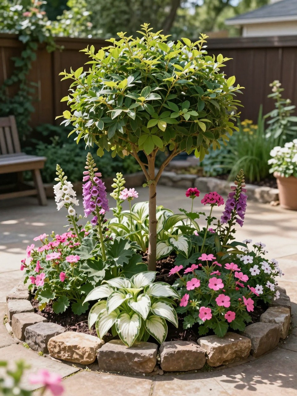 A cottage-style circular flower bed around a small ornamental tree, planted with hardy geraniums, hostas, foxgloves, white caladiums, pink impatiens, and sweet alyssum, low natural stone edging, dappled sunlight, cozy backyard garden, realistic photo quality, no people, no text, no watermarks on images.