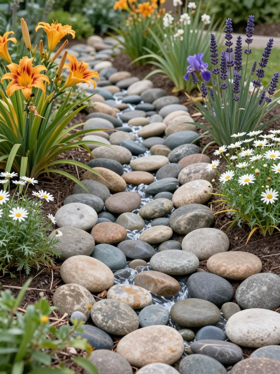 A creative dry creek flower bed in a backyard garden, smooth river rocks arranged like a narrow stream running through the bed, planted along the sides with daylilies, irises, lavender, ornamental grasses, and white daisies, natural landscape design, realistic outdoor photo, no people, no text, no watermarks on images.