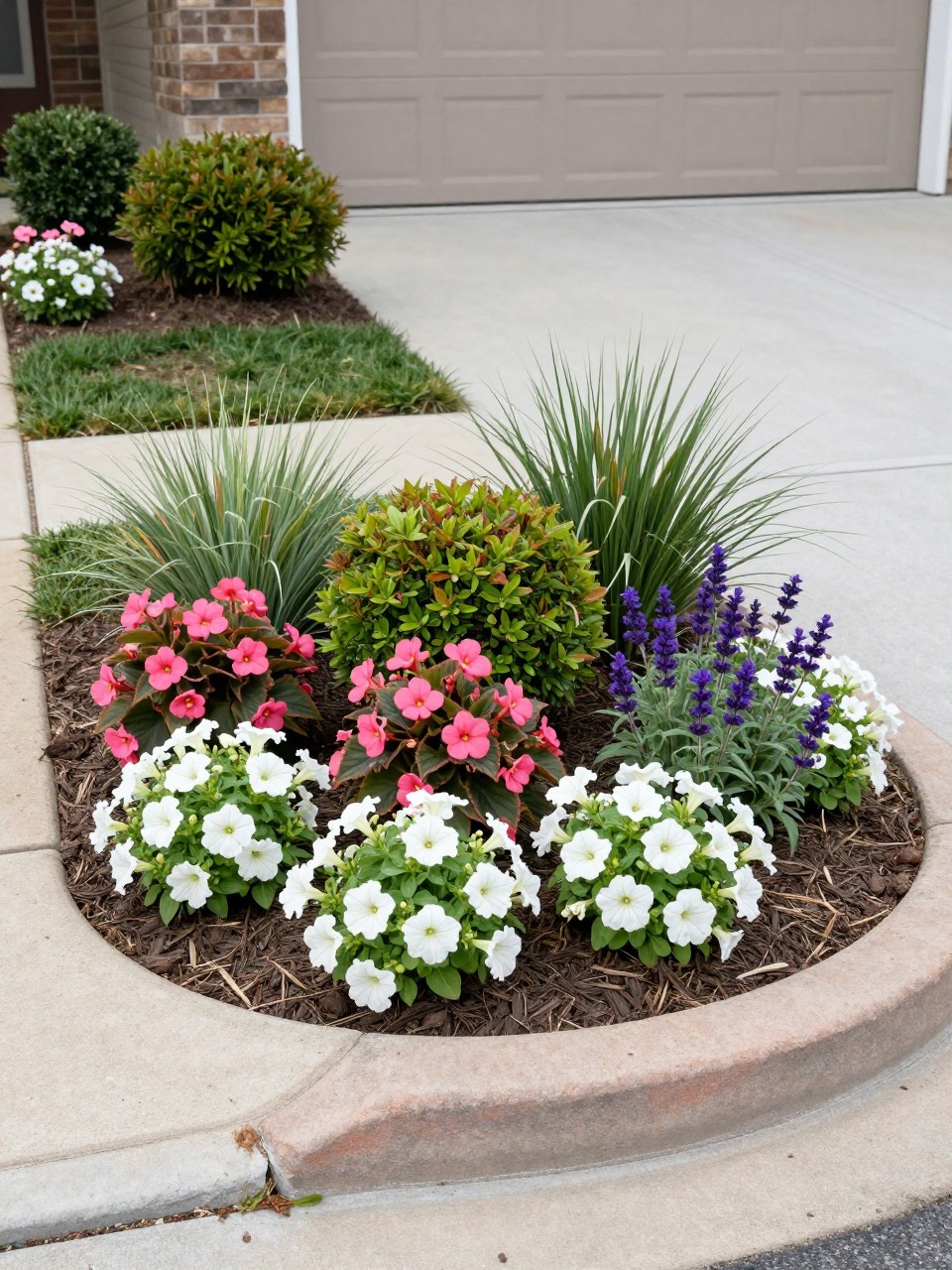 A circular flower bed near a driveway entrance, filled with compact shrubs, pink begonias, white petunias, purple salvia, and ornamental grasses, tidy mulch, low concrete curb edging, neat front yard landscaping, bright daylight, realistic suburban home exterior, no people, no text, no watermarks on images.