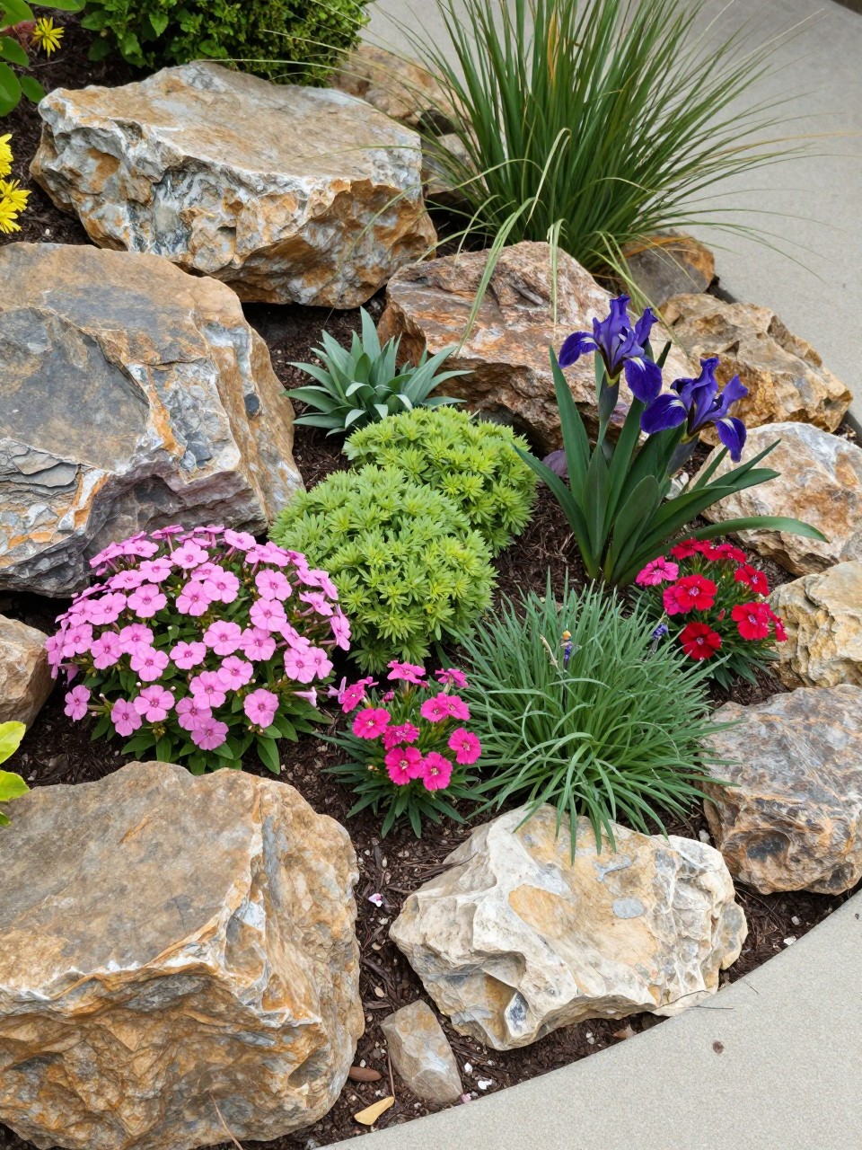 A small rock garden flower bed with natural stones, planted with creeping phlox, sedum, dianthus, dwarf iris, and small ornamental grasses, dry garden style, sunny yard corner, textured rocks arranged naturally, realistic landscaping photo, no people, no text, no watermark.
