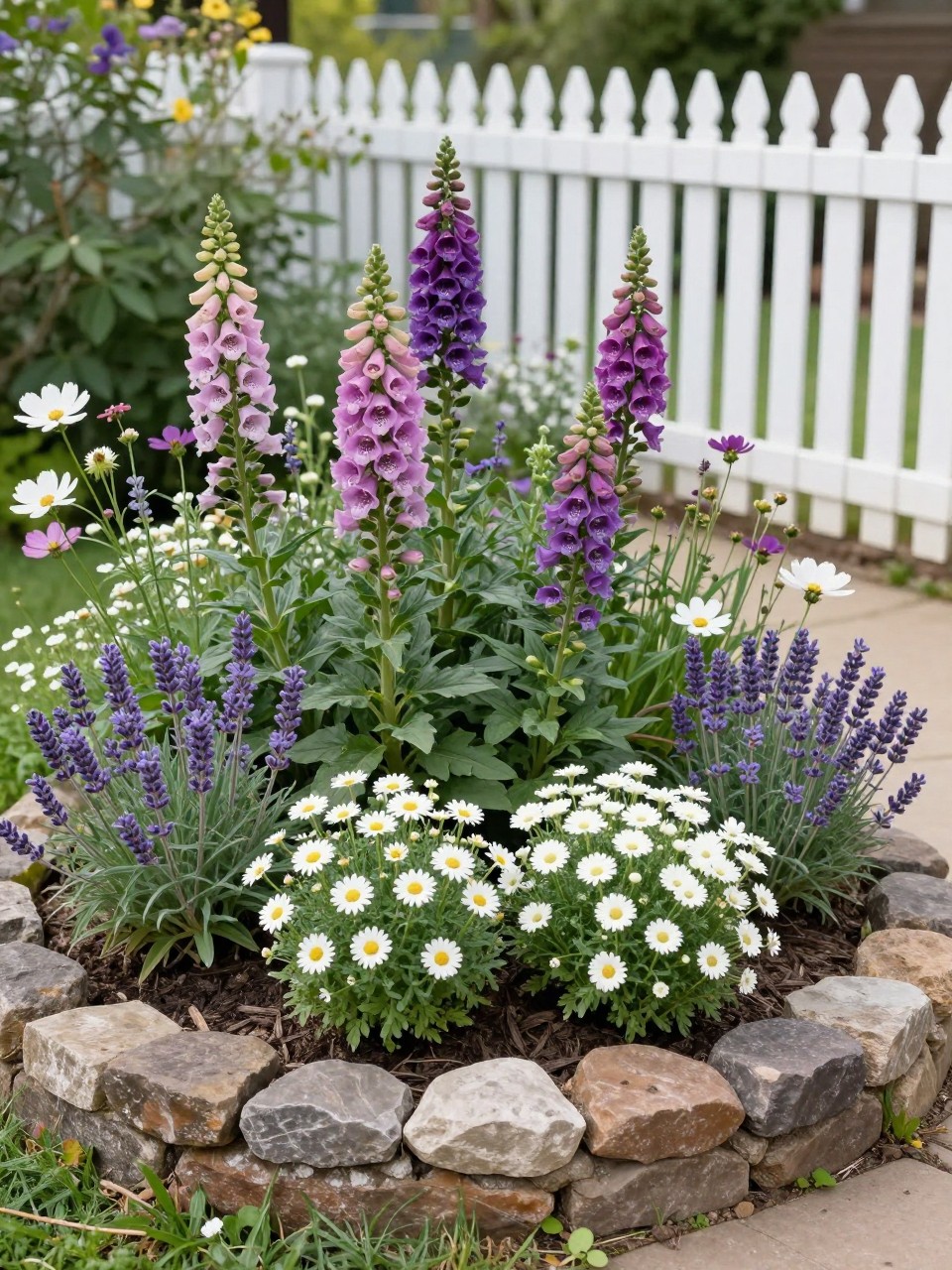 A circular cottage-style flower bed filled with foxgloves, daisies, lavender, snapdragons, cosmos, and white alyssum, loose layered planting, rustic stone border, soft mulch, sunny backyard with a white picket fence nearby, realistic cottage garden photography, no people, no text, no watermarks on images.