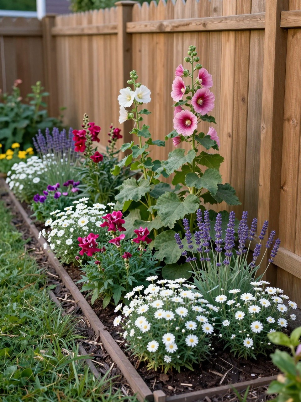 A small flower bed running along a wooden backyard fence, filled with hollyhocks, snapdragons, daisies, lavender, and low white alyssum, layered cottage garden style, neat mulch, warm evening light, realistic backyard garden scene, no people, no text, no watermark.