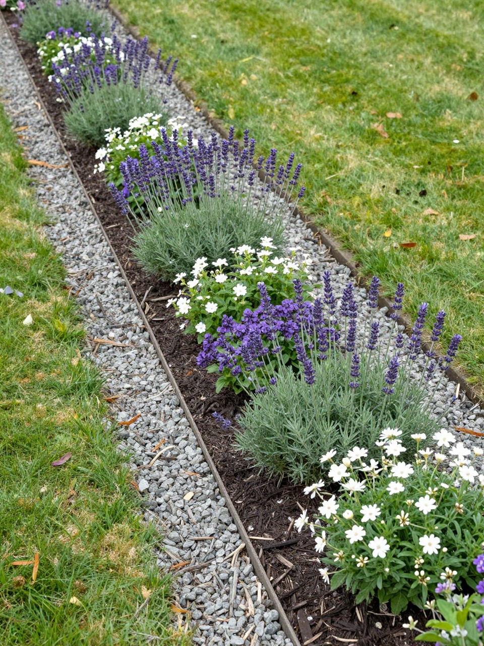 A practical flower bed with a narrow gravel trench edge between the lawn and planting area, filled with lavender, sedum, salvia, and white flowers, clean dark mulch inside the bed, small gray gravel border, sunny garden setting, realistic DSLR photo, no people, no text, no watermark.
