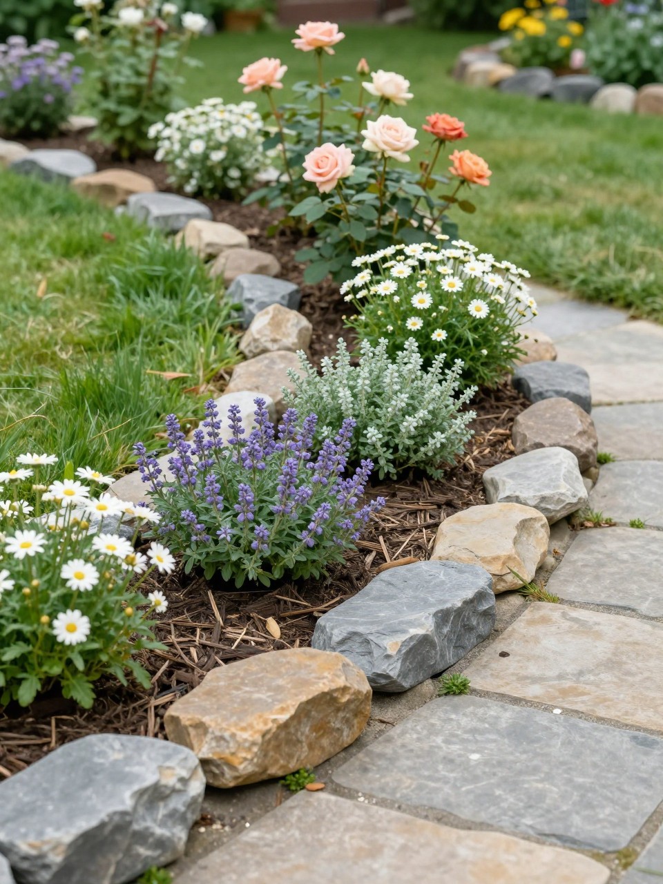 A garden flower bed edged with flat flagstones, layered gray and tan stones along a curved border, planted with roses, catmint, daisies, and creeping thyme, soft mulch, green lawn beside the stones, realistic cottage backyard garden photo, no people, no text, no watermark.