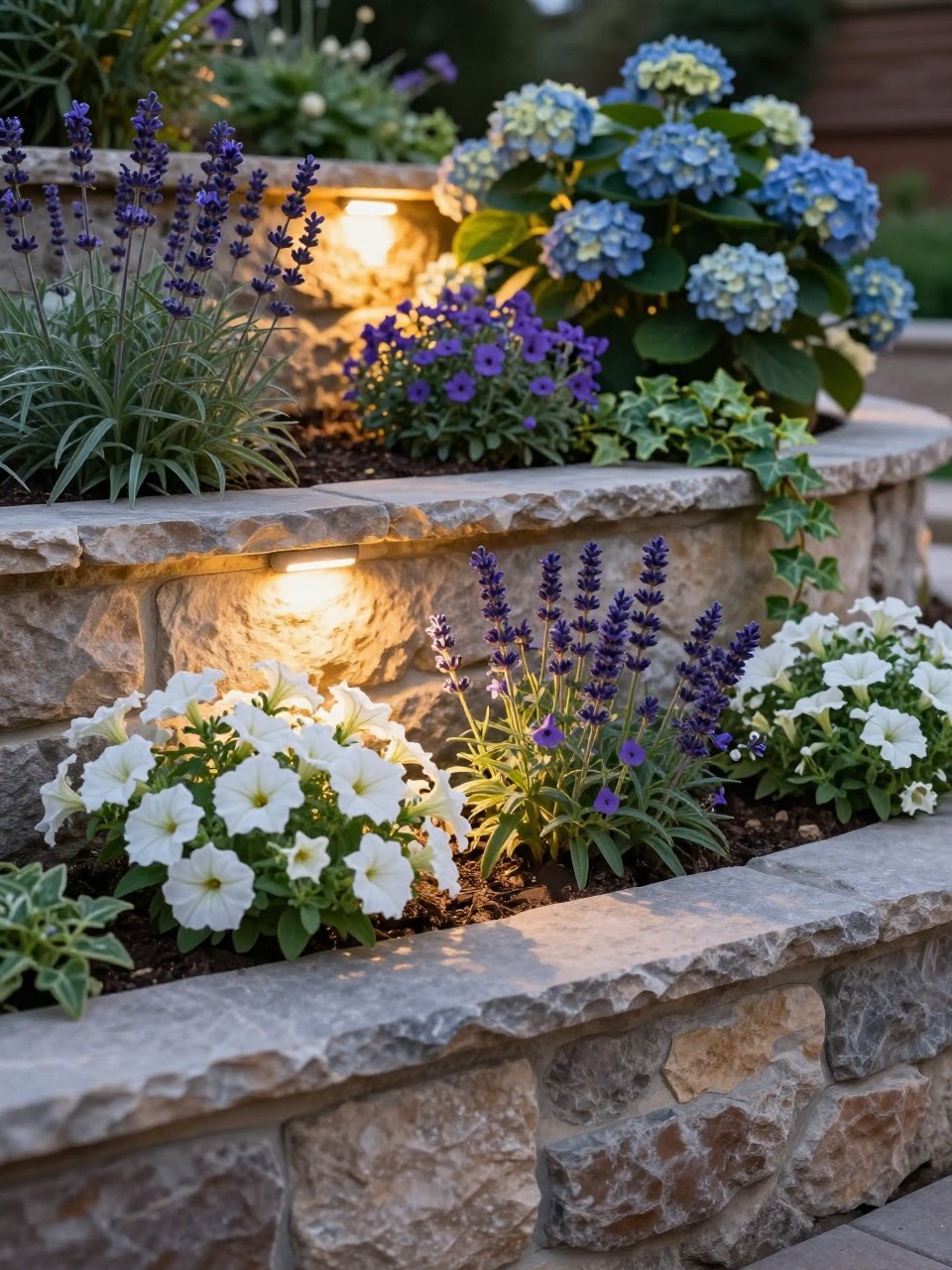 A beautiful retaining wall flower bed with subtle built-in garden lighting, natural stone retaining wall, warm lights tucked along the wall and among flowers, planted with white petunias, lavender, salvia, hydrangeas, and trailing ivy, glowing evening garden scene, realistic upscale landscaping, no people, no text, no watermarks on images.