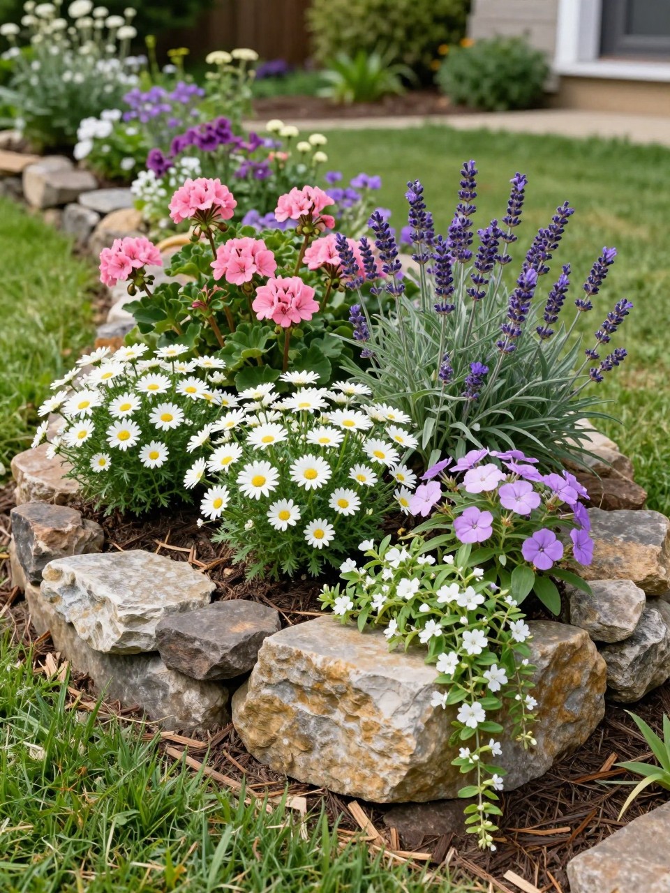 A raised flower bed made with stacked natural stone, filled with white daisies, pink geraniums, purple salvia, lavender, and trailing creeping phlox spilling softly over the edge, fresh mulch, green lawn around it, sunny home garden setting, realistic landscape photography, no people, no text, no watermarks on images.