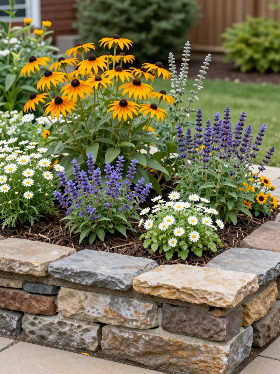 A raised retaining wall flower bed made from stacked stone, filled with mixed perennials including coneflowers, black-eyed Susans, catmint, salvia, and white daisies, soft mulch, naturalistic garden design, sunny backyard border, realistic landscape photography, no people, no text, no watermarks on images.