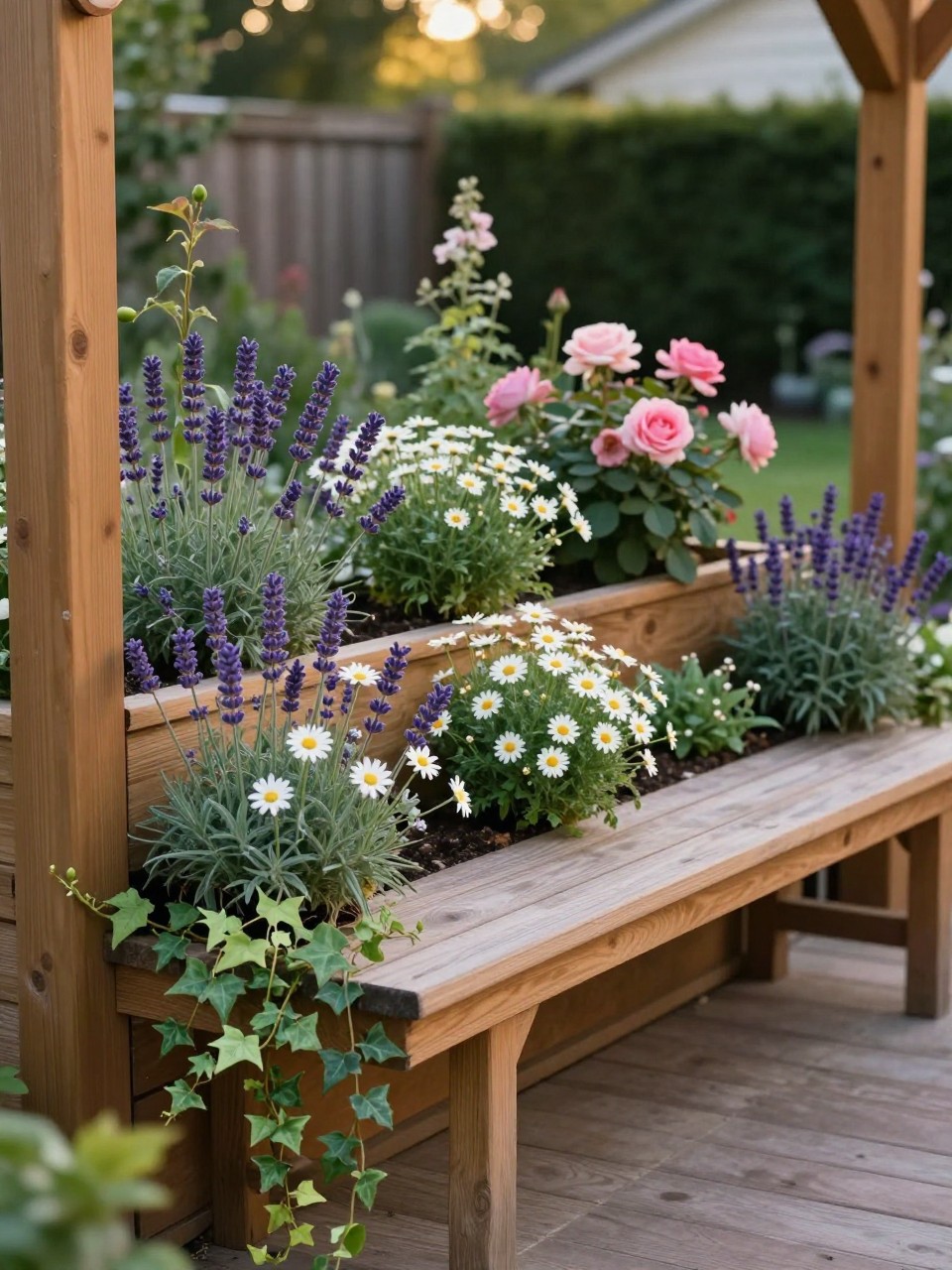 A raised flower bed with a built-in wooden bench along one side, filled with lavender, white daisies, pink roses, salvia, and trailing ivy, cozy backyard patio setting, natural wood frame, warm evening light, realistic outdoor living garden photo, no people, no text, no watermarks on images.