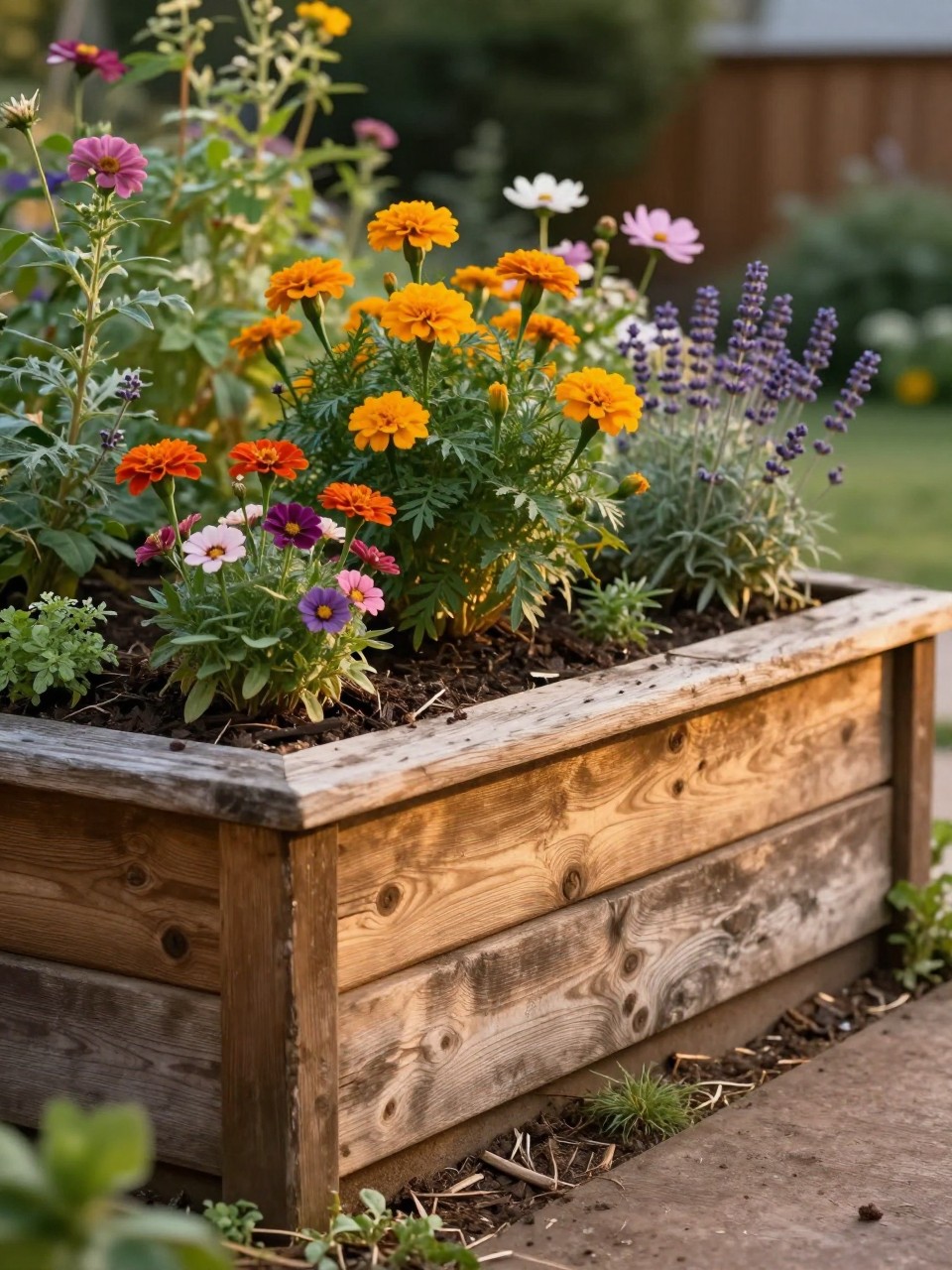 A rustic timber retaining wall flower bed in a backyard, weathered wood retaining wall with a warm natural look, planted with marigolds, zinnias, cosmos, lavender, and low greenery, earthy mulch, cozy garden atmosphere, soft golden light, realistic home garden style, no people, no text, no watermarks on images.