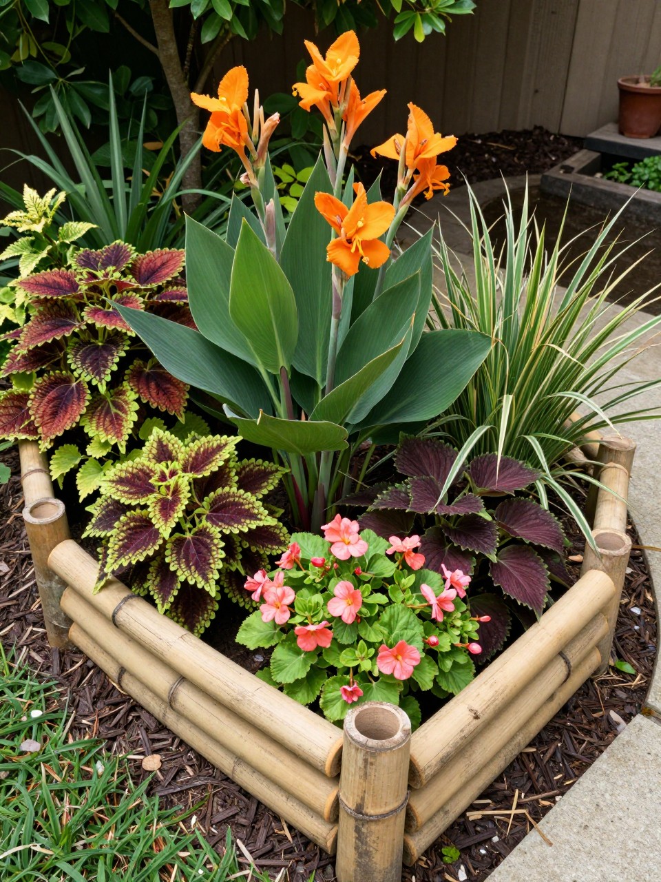 A small tropical-inspired flower bed with low bamboo edging, natural bamboo poles placed side by side along the border, filled with canna lilies, coleus, begonias, and ornamental grass, dark mulch, sunny backyard corner, realistic garden photo, no people, no text, no watermark.