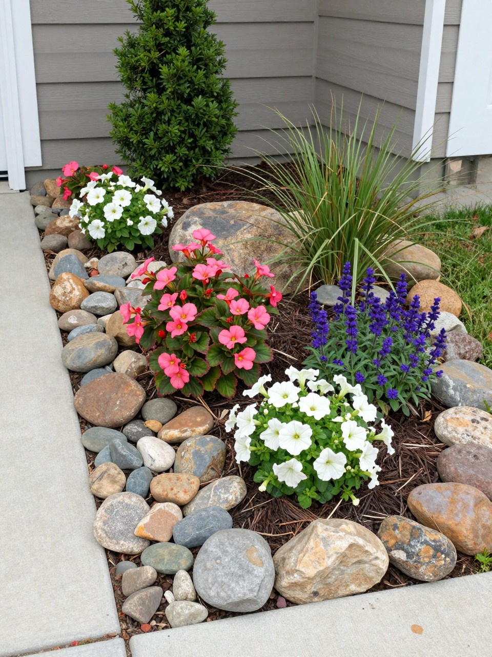 A neat front yard flower bed with mixed rocks and colorful flowers, curved stone border, river rock mulch in some sections, planted with compact shrubs, pink begonias, white petunias, purple salvia, and ornamental grasses, tidy home exterior, bright daylight, realistic suburban landscaping photo, no people, no text, no watermarks on images.