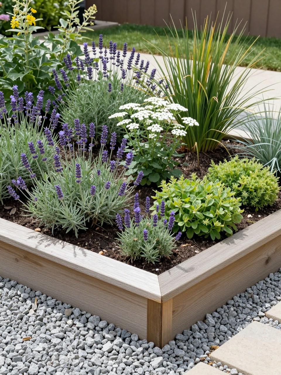 A raised flower bed surrounded by small gray gravel, built with natural timber boards, planted with lavender, gaura, yarrow, salvia, sedum, and ornamental grasses, clean low-maintenance garden design, sunny backyard setting, realistic landscape photo, no people, no text, no watermarks on images.