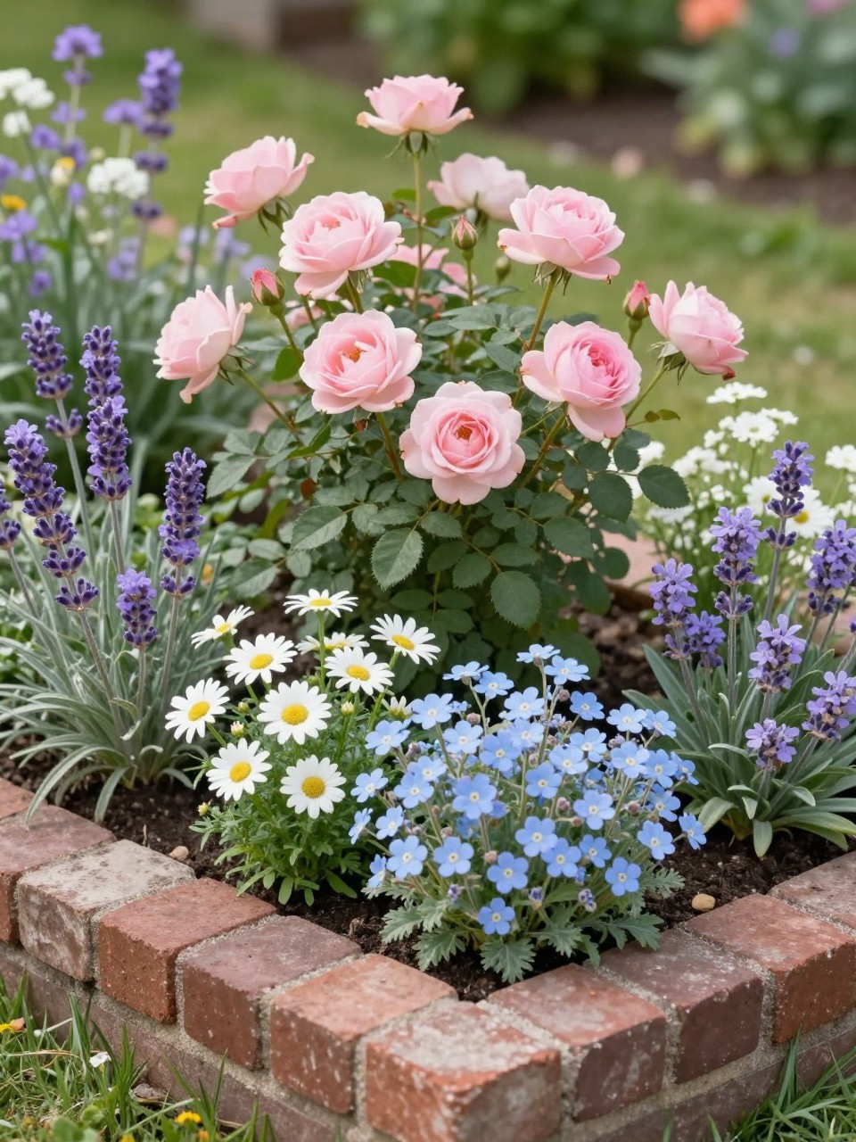 A pastel cottage garden flower bed with soft pink roses, pale purple lavender, white daisies, light blue forget-me-nots, white alyssum, and dusty miller, rustic brick edging, sunny front yard garden, gentle natural light, realistic photo style, no people, no text, no watermarks on images.