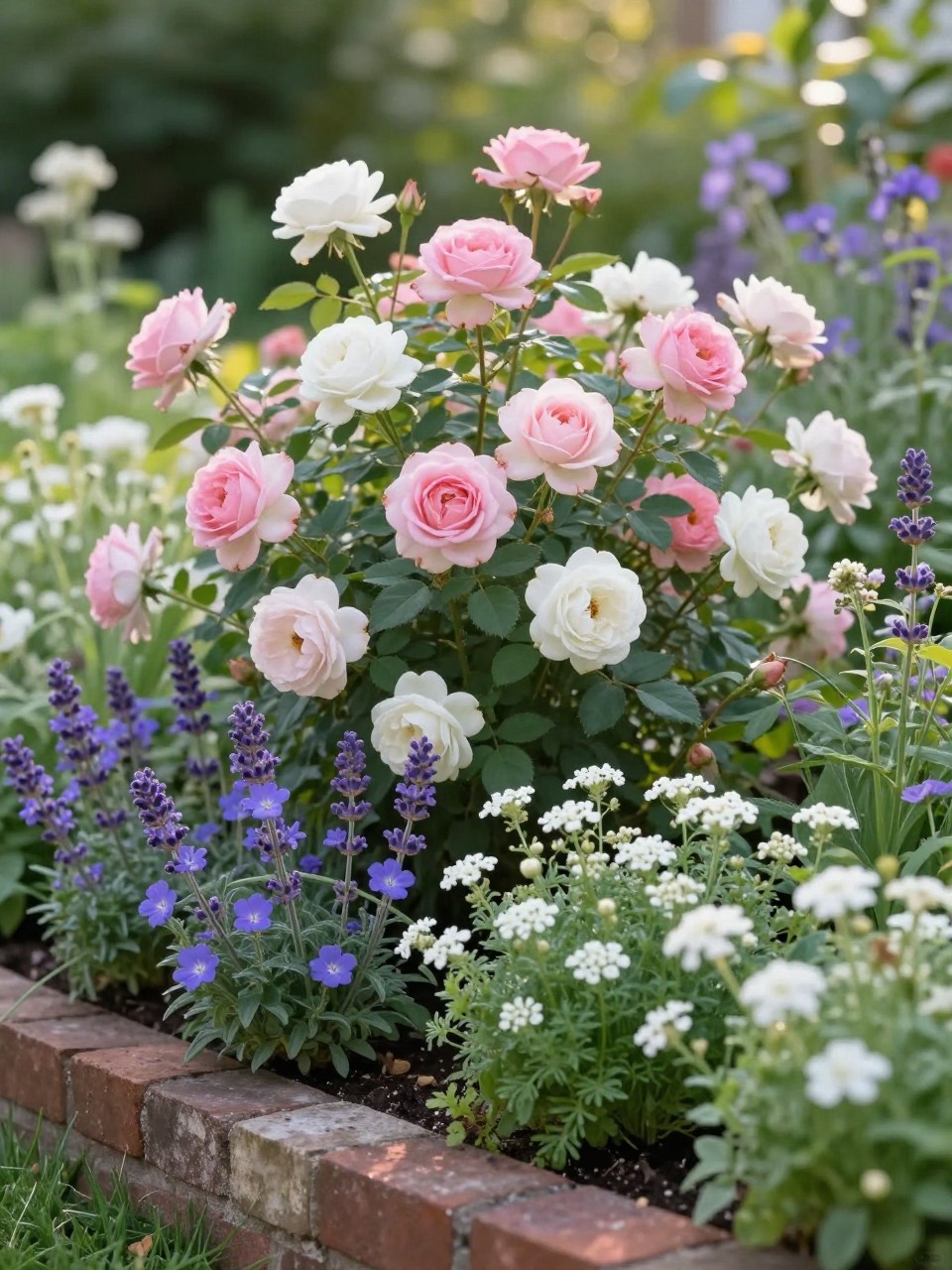 A romantic cottage flower bed with compact pink and white roses, lavender, catmint, white alyssum, blue lobelia, and soft green herbs, low brick edging, sunny home garden, gentle afternoon light, realistic cottage garden photography, no people, no text, no watermarks on images.