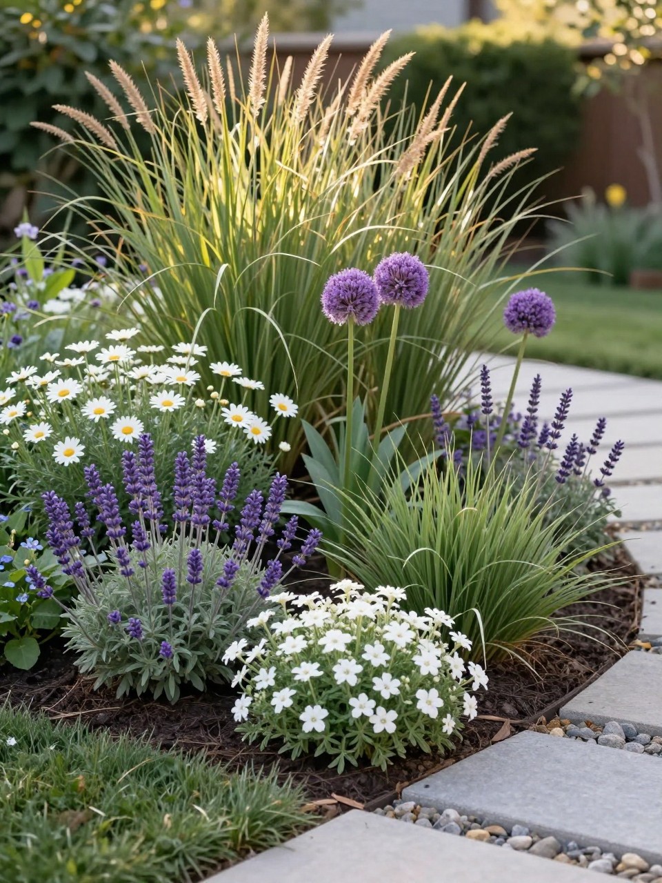 A modern layered flower bed with tall ornamental grasses in the back, purple alliums and white daisies in the middle, lavender, salvia, and low white alyssum in the front, gravel path nearby, clean backyard landscape, warm afternoon light, realistic garden design photo, no people, no text, no watermarks on images.