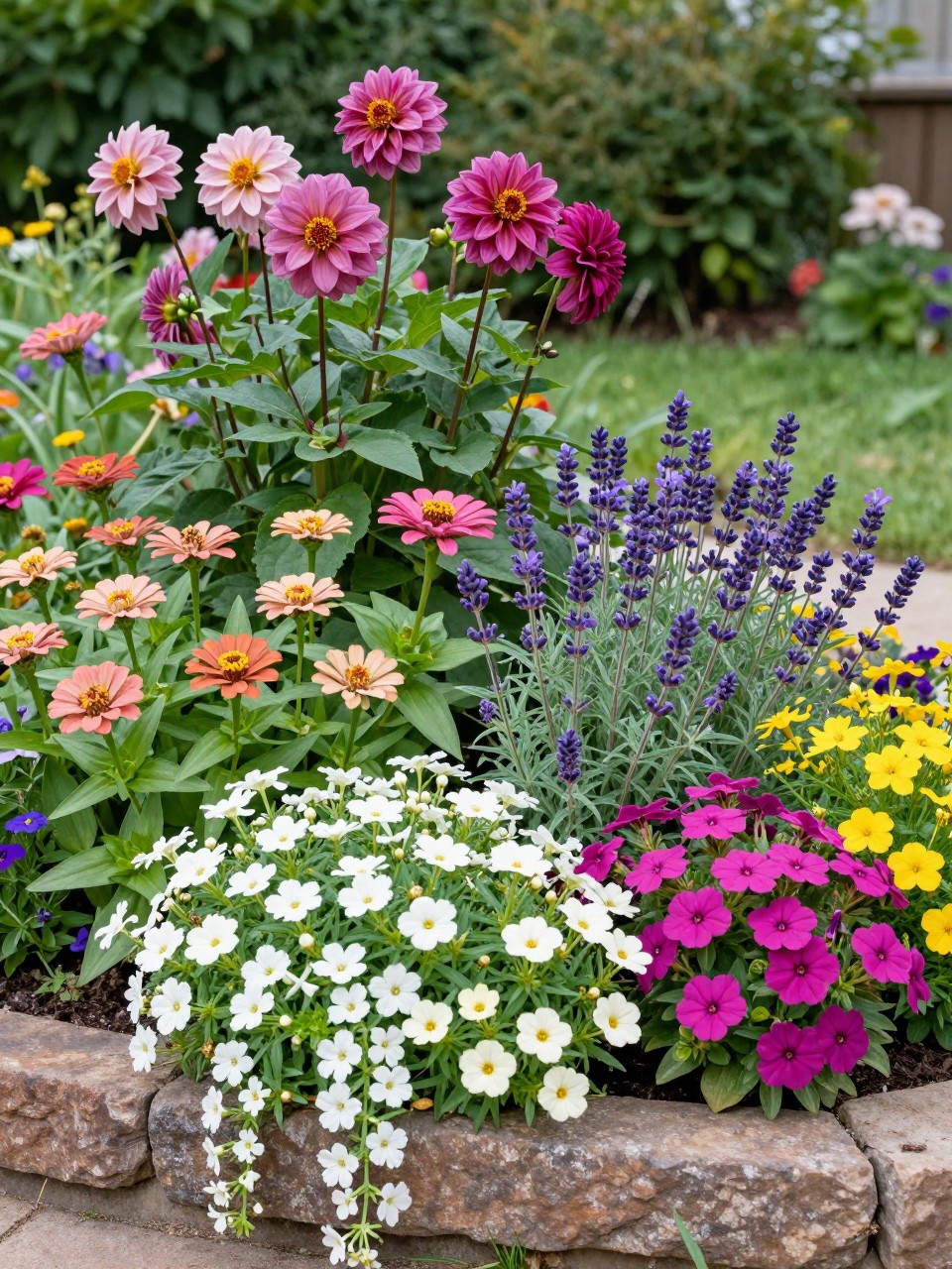 A beautiful layered flower bed with trailing front plants, tall dahlias and salvia at the back, medium zinnias, daisies, and lavender in the middle, trailing lobelia, creeping phlox, and sweet alyssum spilling over the front stone edge, sunny backyard garden, realistic DSLR photo quality, no people, no text, no watermarks on images.