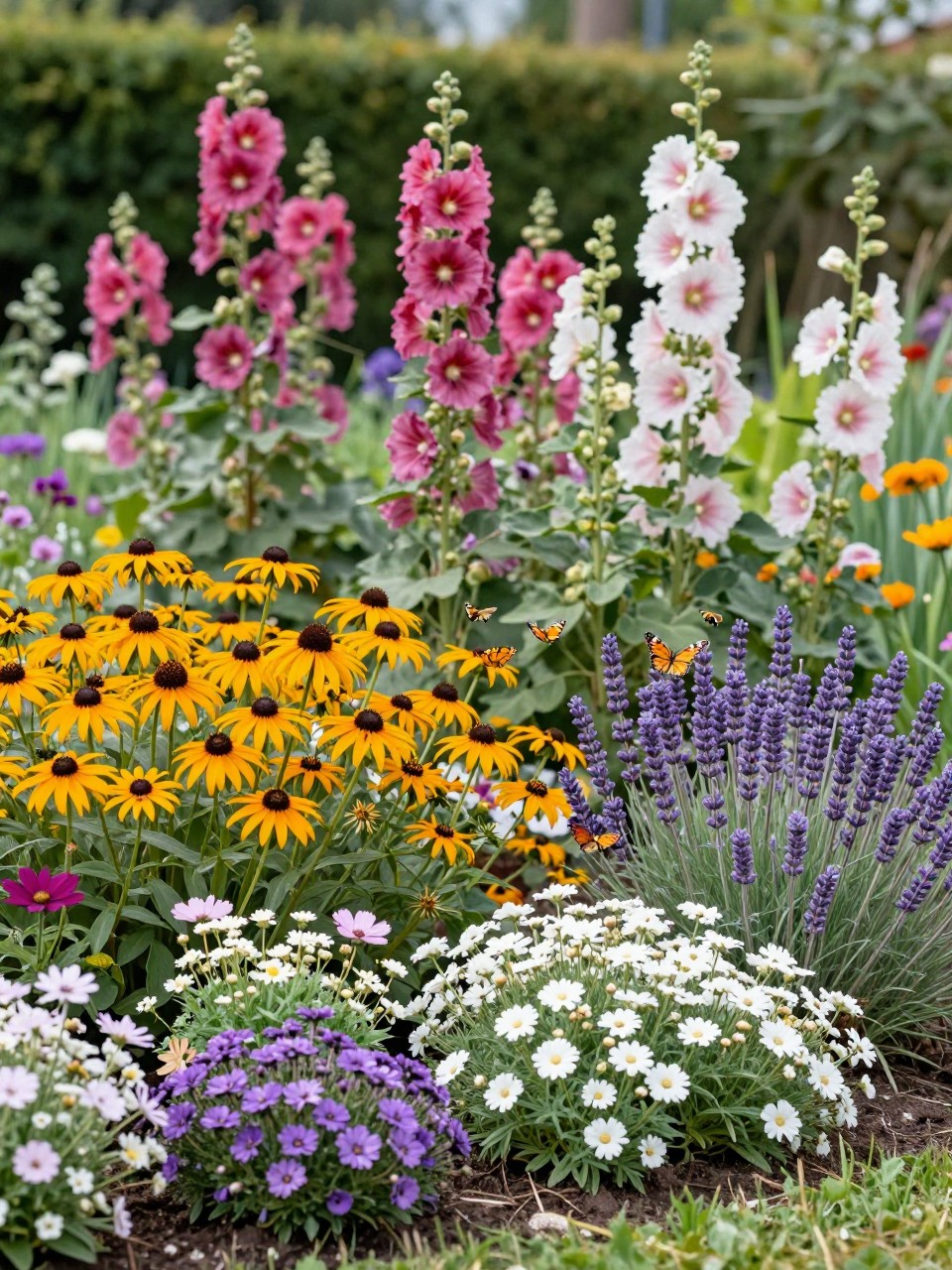 A colorful layered pollinator flower bed in a sunny garden, tall bee balm and hollyhocks in the back, coneflowers, black-eyed Susans, and cosmos in the middle, lavender, alyssum, and creeping thyme along the front, butterflies and bees gently around the blooms, realistic home garden photo, no people, no text, no watermarks on images.