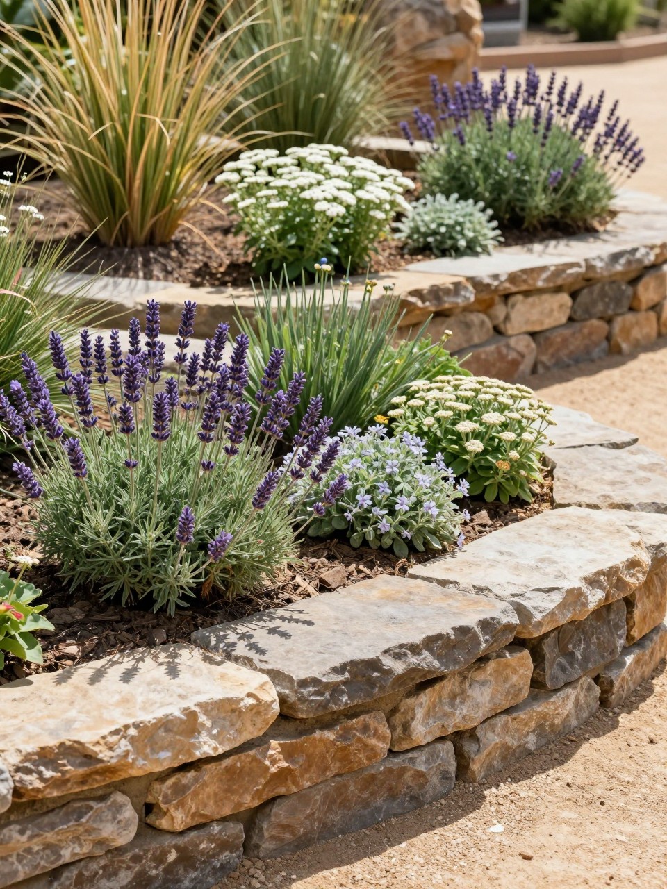 A practical retaining wall flower bed in a sunny dry garden, stone retaining wall, planted with lavender, gaura, yarrow, salvia, sedum, and ornamental grasses, gravel mulch accents, warm sunny light, low-maintenance landscape style, realistic garden photo, no people, no text, no watermarks on images.