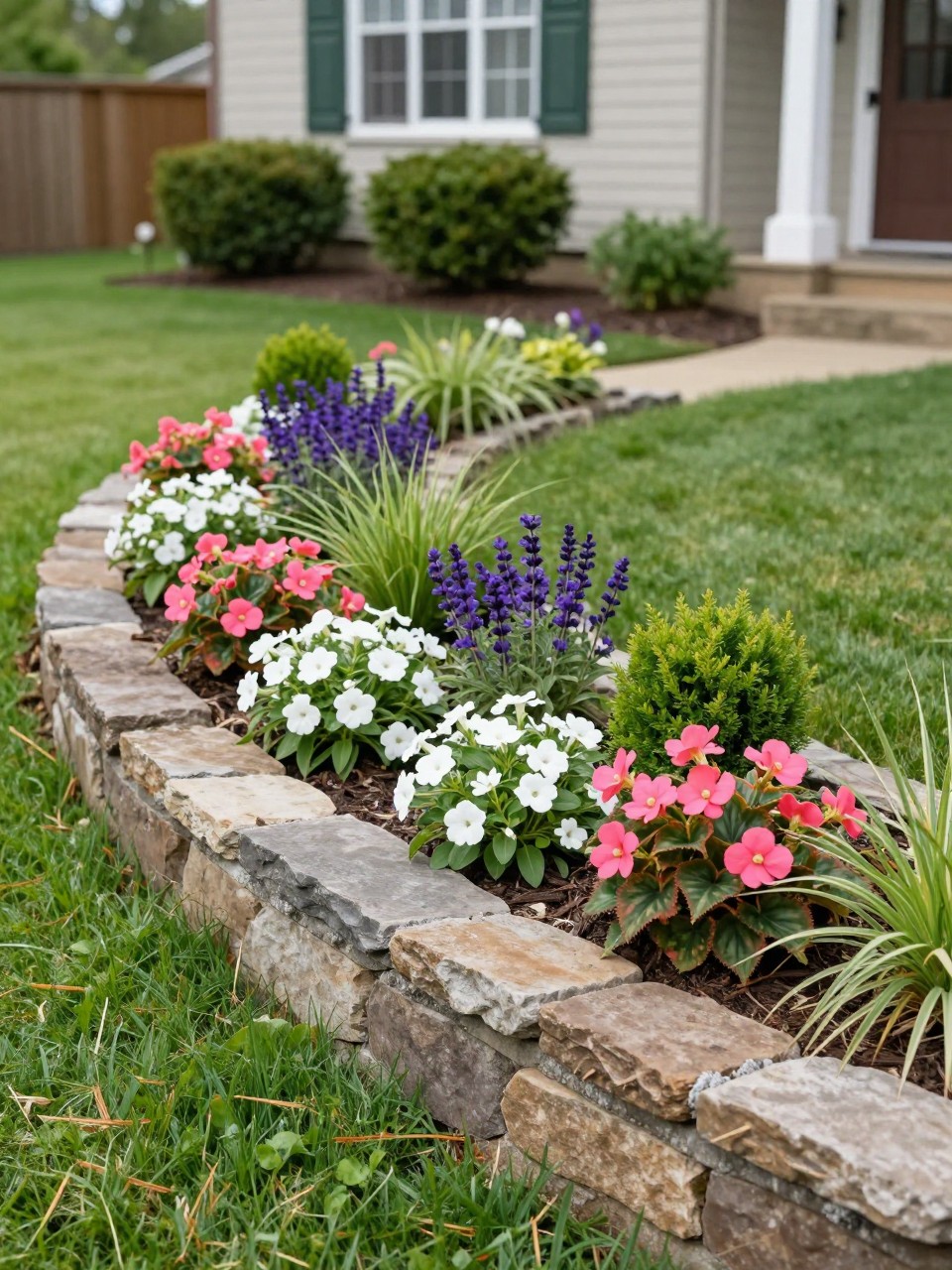 A front yard retaining wall flower bed along a gently sloped lawn, low stone retaining wall, planted with pink begonias, white impatiens, purple salvia, dwarf shrubs, and ornamental grass, tidy mulch, charming house exterior in background, bright natural light, realistic front garden photo, no people, no text, no watermarks on images.