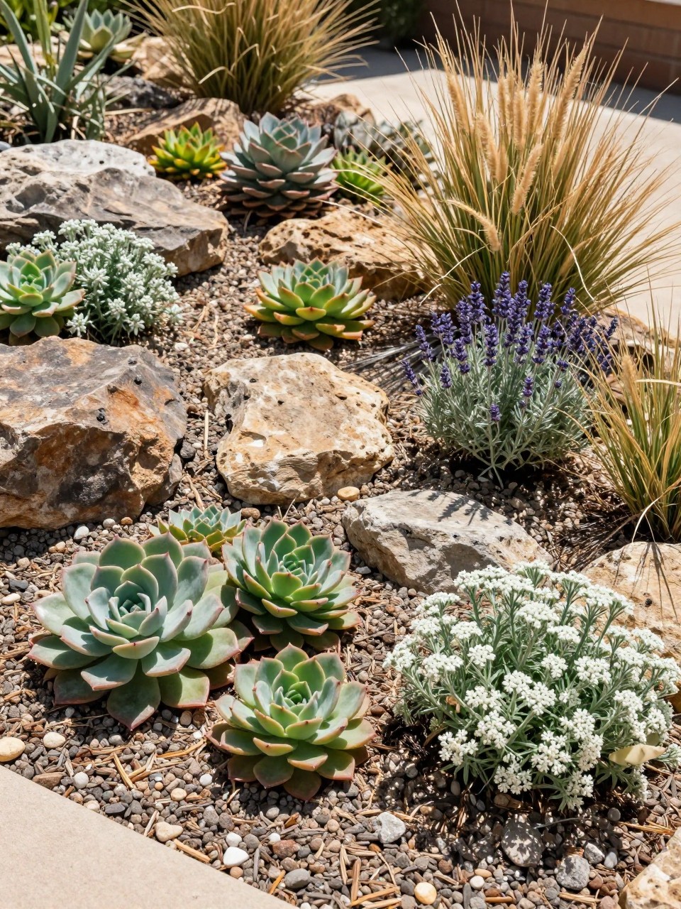 A sunny succulent and flower rock bed with small boulders, gravel, and drought-tolerant plants, planted with sedum, echeveria, lavender, yarrow, ice plant, and soft ornamental grasses, warm modern garden setting, realistic dry landscape photo, no people, no text, no watermarks on images.