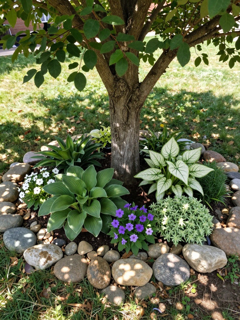 A circular rock flower bed around the base of a mature tree, low natural stone border, thin layer of river rocks, planted with hostas, coral bells, white caladiums, impatiens, and soft ground cover, dappled shade, cozy backyard garden, realistic photo, no people, no text, no watermarks on images.