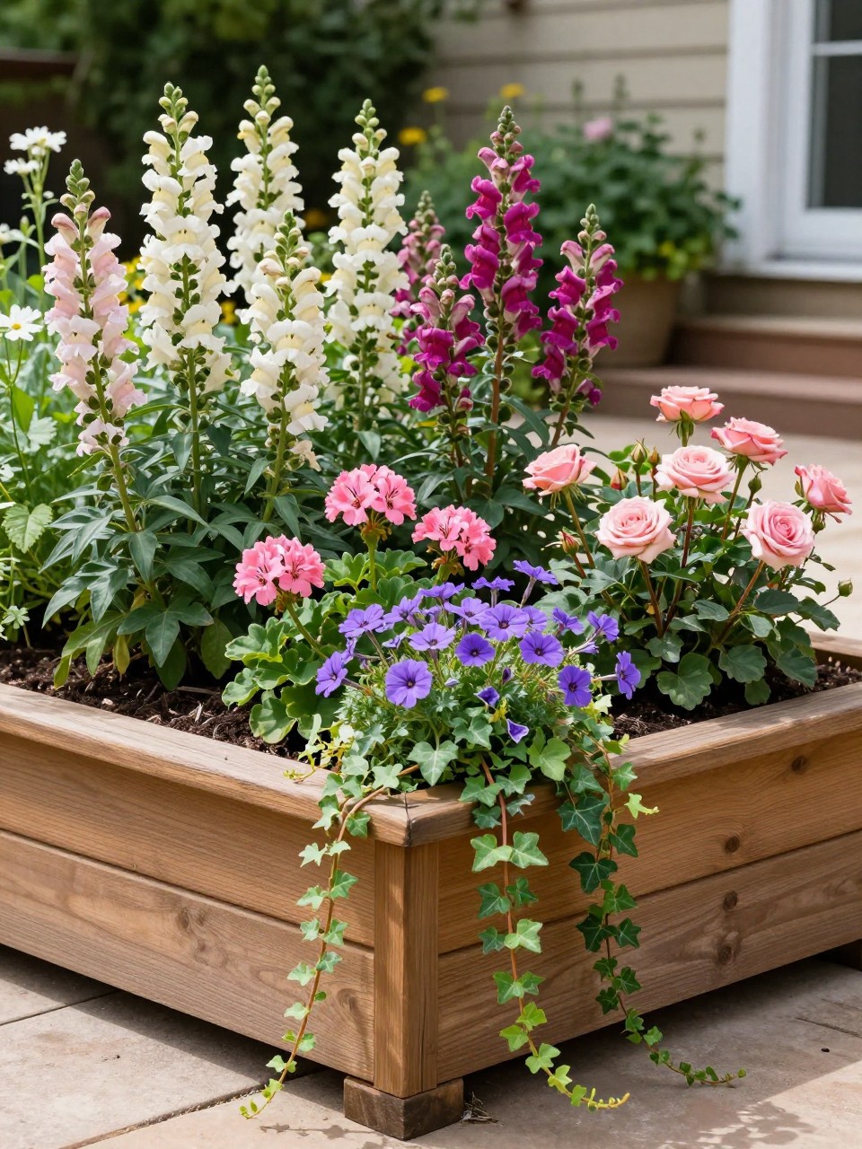 A raised wooden flower bed with layered planting, tall snapdragons and compact roses at the back, pink geraniums and purple verbena in the middle, trailing sweet alyssum and ivy spilling over the front edge, fresh mulch, sunny backyard patio setting, realistic home garden photo, no people, no text, no watermarks on images.