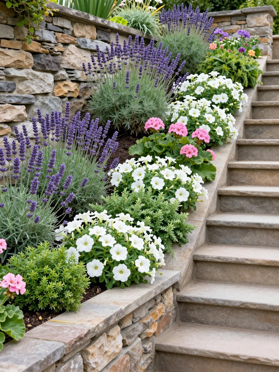 A retaining wall flower bed built alongside garden steps on a slope, natural stone wall and stone stairs, planted with lavender, white petunias, pink geraniums, and creeping thyme, beautifully layered planting along the staircase, elegant and realistic garden design, bright daylight, no people, no text, no watermarks on images.