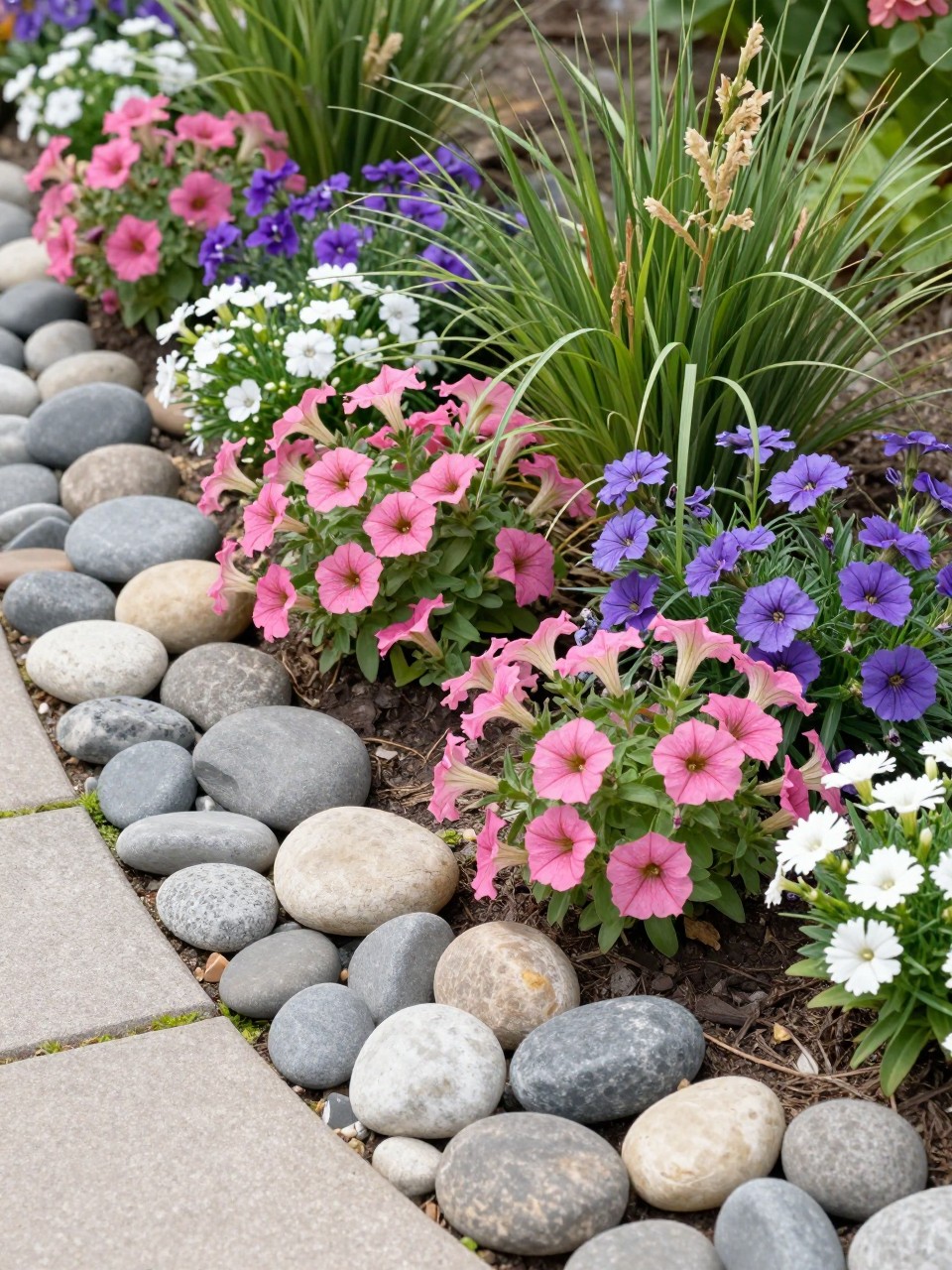 A small flower bed edged with smooth river rocks, mixed gray and cream stones forming a natural border, filled with pink petunias, purple verbena, white dianthus, and ornamental grass, bright sunny yard, realistic landscaping photo, no people, no text, no watermark.