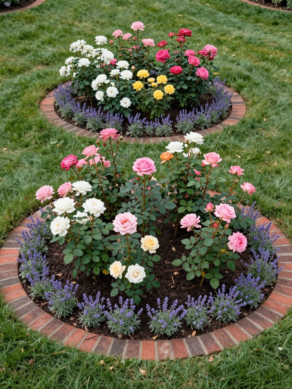 A circular rose flower bed in a home garden, planted with compact pink, white, and soft yellow roses, low lavender around the edge, dark mulch, classic brick circular border, sunny garden lawn, elegant realistic outdoor photo, no people, no text, no watermarks on images.