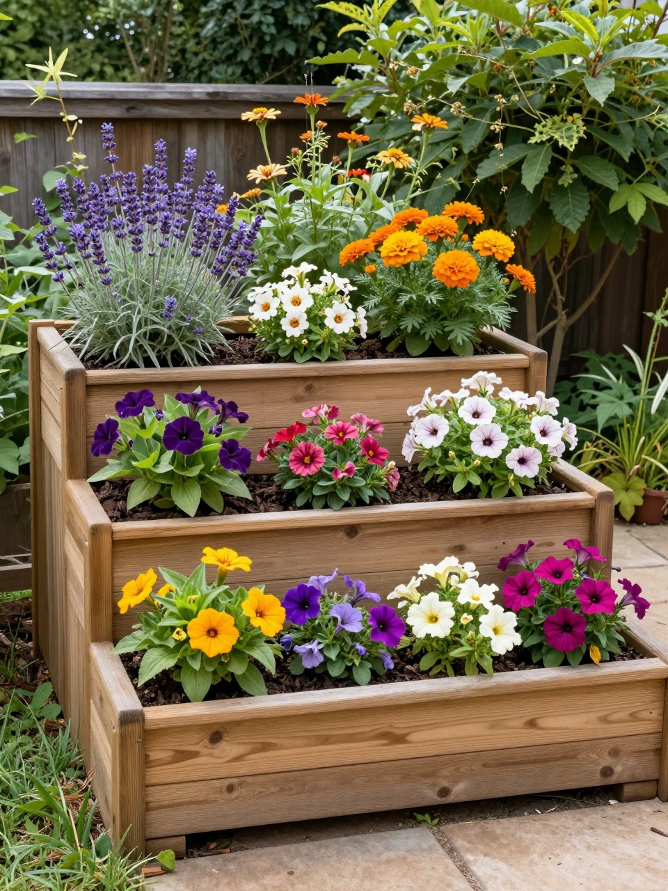 A realistic tiered raised flower bed in a small backyard, built with wooden frames in three levels, planted with zinnias, lavender, marigolds, petunias, and trailing sweet alyssum, layered colorful flowers, fresh mulch, sunny garden corner, DSLR photo quality, no people, no text, no watermarks on images.