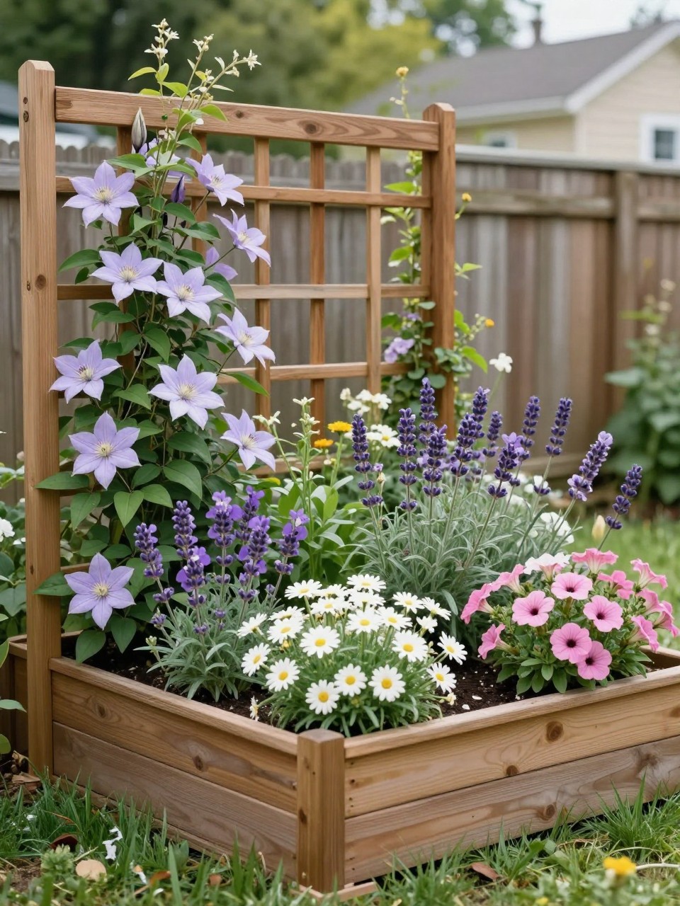 A raised flower bed with a wooden trellis at the back, planted with climbing clematis, sweet peas, lavender, white daisies, and pink petunias, natural wood frame, sunny backyard fence line, soft cottage garden style, realistic DSLR photo, no people, no text, no watermarks on images.