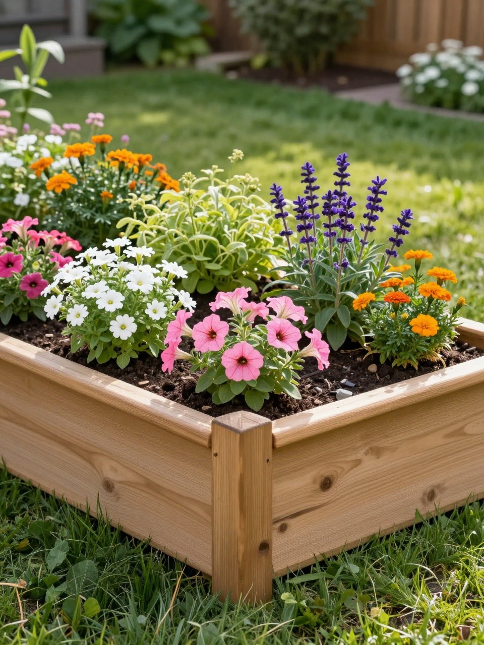 A realistic classic wooden raised flower bed in a sunny backyard garden, built with natural cedar boards, filled with pink petunias, white alyssum, purple salvia, marigolds, and soft green foliage, fresh dark soil and mulch, neat lawn around it, warm afternoon light, DSLR photo quality, no people, no text, no watermarks on images.