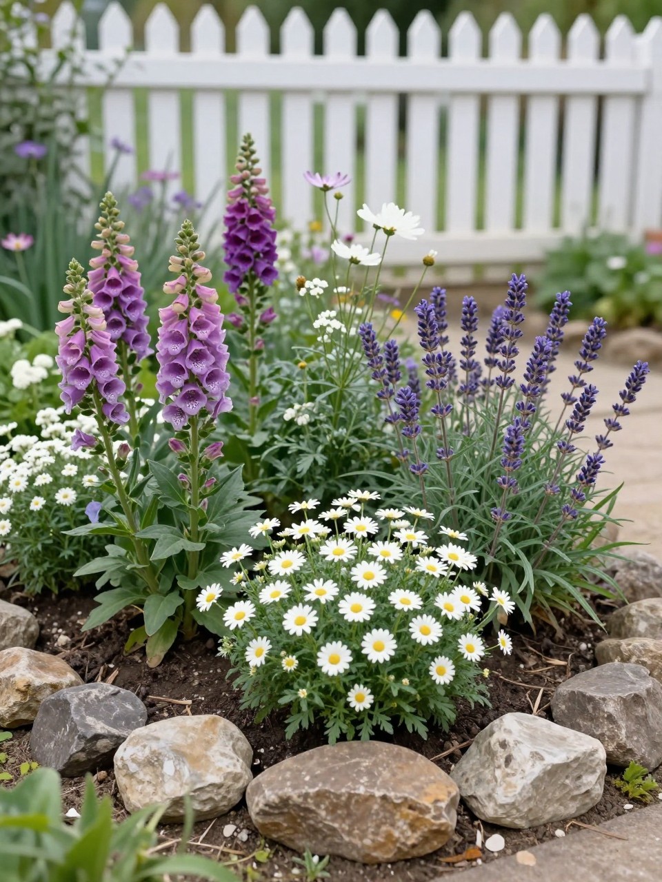 A cottage-style flower bed with rustic rock edging, filled with foxgloves, daisies, snapdragons, lavender, cosmos, and white sweet alyssum, loose layered planting, natural stones around the border, white picket fence in the background, soft morning light, realistic cottage garden photo, no people, no text, no watermarks on images.