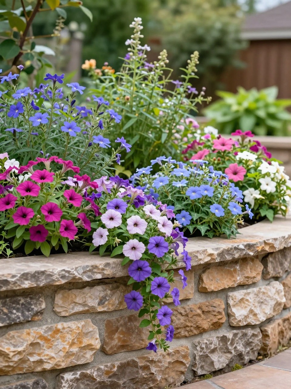 A realistic retaining wall flower bed with cascading flowers spilling over the top edge, natural stone wall, planted with trailing petunias, lobelia, bacopa, creeping phlox, and ivy, lush layered planting, sunny garden setting, soft natural light, romantic backyard landscaping, DSLR photo quality, no people, no text, no watermarks on images.