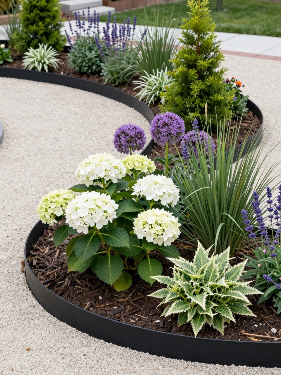 A modern circular flower bed with light gravel mulch, black metal circular edging, planted with white hydrangeas, purple alliums, lavender, ornamental grasses, and small evergreen shrubs, clean backyard landscape, bright natural light, realistic modern garden design, no people, no text, no watermarks on images.