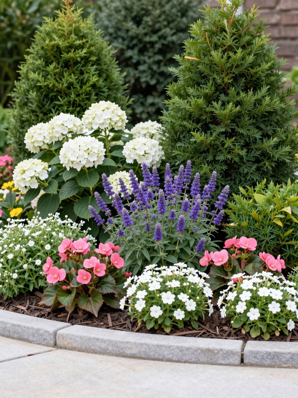 A polished layered flower bed with evergreen structure, small boxwood and dwarf shrubs at the back, white hydrangeas and purple salvia in the middle, pink begonias and white alyssum in the front, clean mulch, low stone edging, elegant front garden landscaping, realistic photo, no people, no text, no watermarks on images.