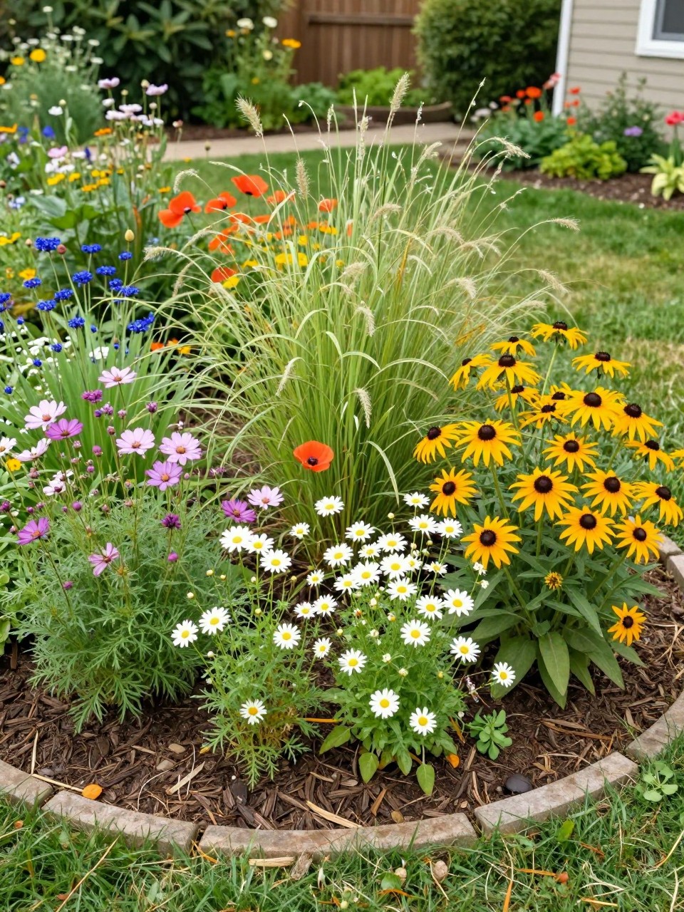 A circular wildflower-style flower bed in a sunny home garden, filled with cosmos, poppies, cornflowers, daisies, black-eyed Susans, and soft grasses, natural mulch, simple stone edging, relaxed but tidy planting style, realistic backyard garden photo, no people, no text, no watermarks on images.