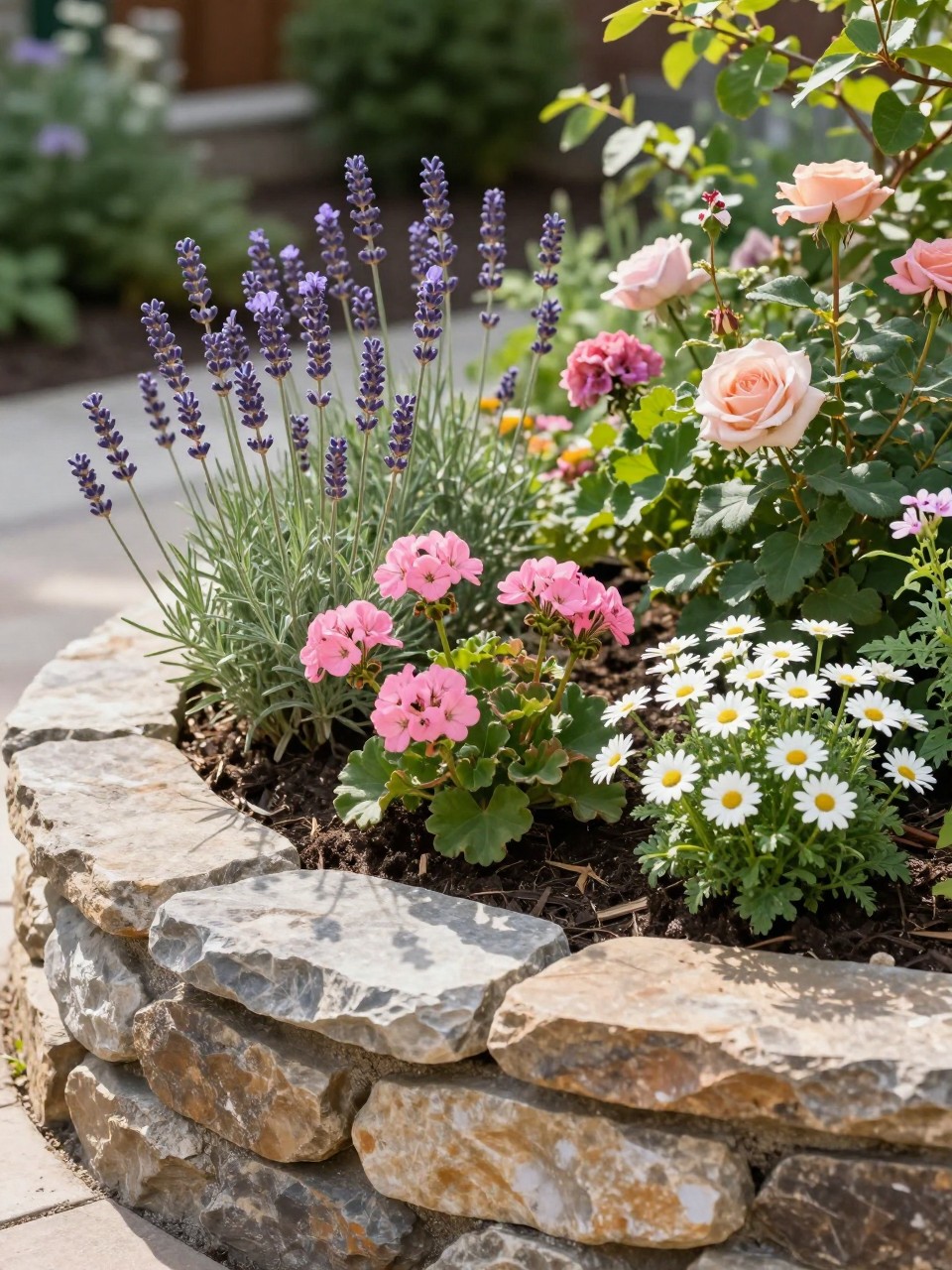 A raised circular flower bed made with stacked natural stone, planted with lavender, pink geraniums, white daisies, dwarf roses, and trailing sweet alyssum, fresh soil and mulch, small backyard garden, warm sunlight, realistic landscaped home garden, no people, no text, no watermarks on images.