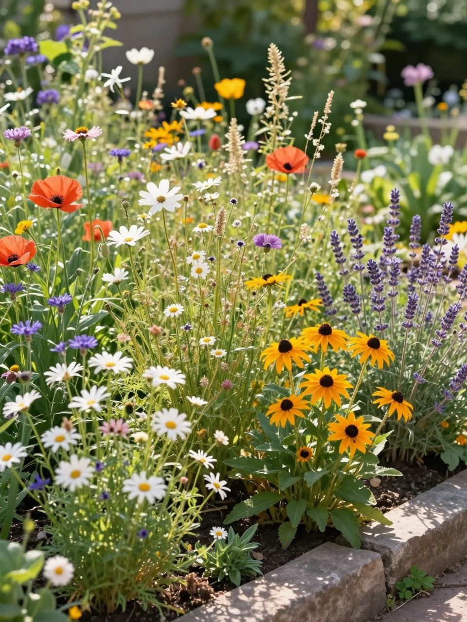 A relaxed wild cottage flower bed in a sunny garden, filled with cosmos, poppies, cornflowers, daisies, black-eyed Susans, lavender, and soft grasses, loose natural planting style, simple stone border, warm sunlight, realistic backyard garden photography, no people, no text, no watermarks on images.